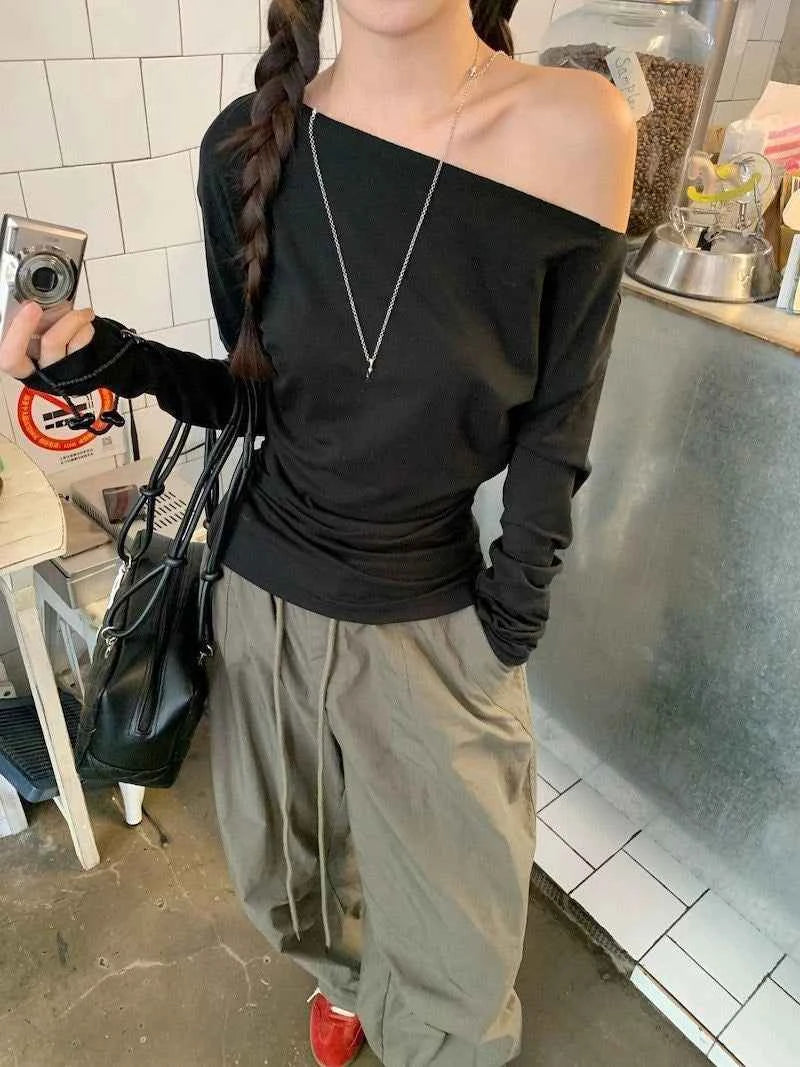 Oversized Grunge Solid Casual T-Shirt Pleated Vintage Simple Off Shoulder Tees Y2k Streetwear Tshirts Korean Y2k Tops Subculture