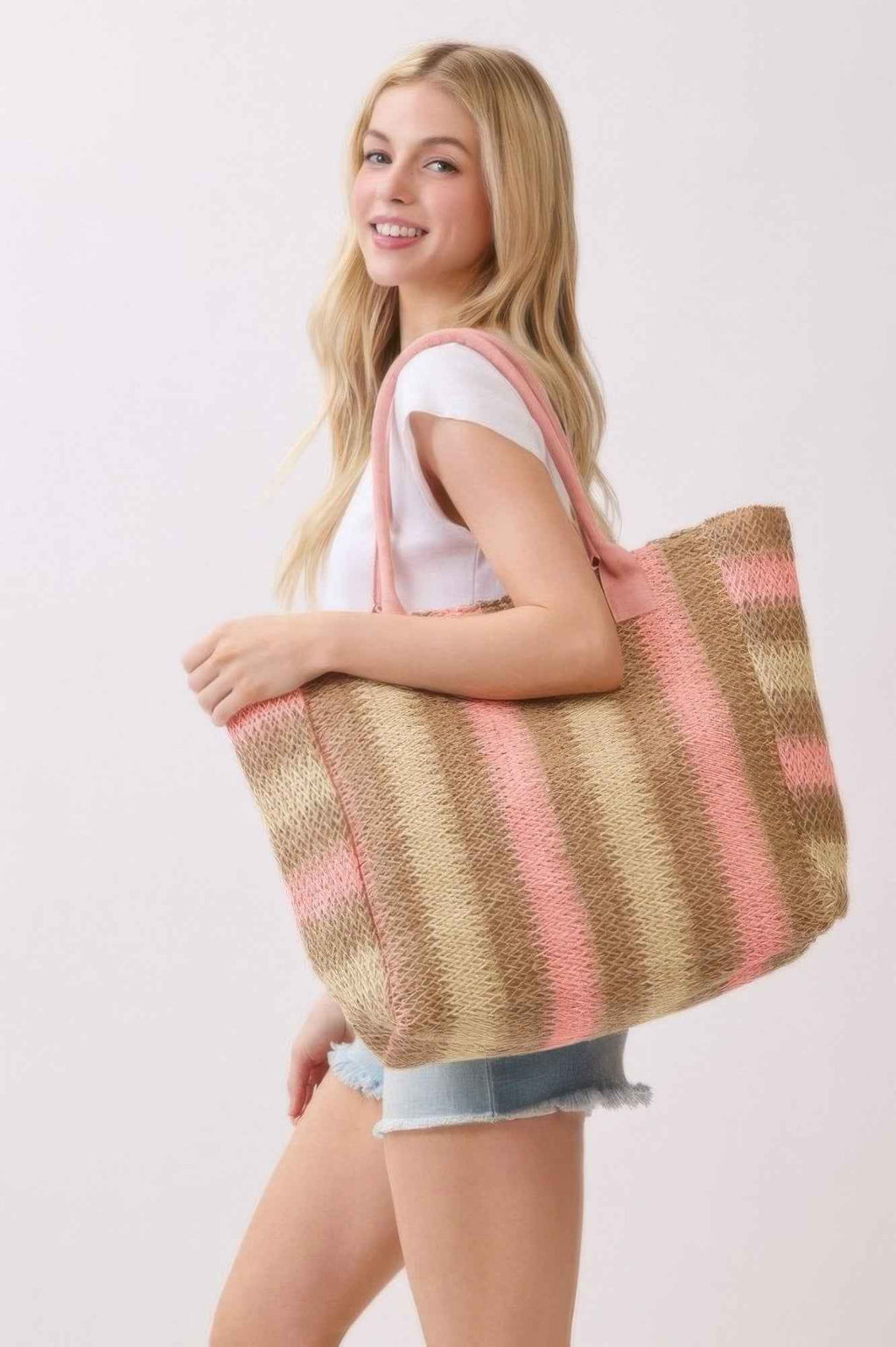 Natural Brown Multi Color Stripe Straw Tote Bag