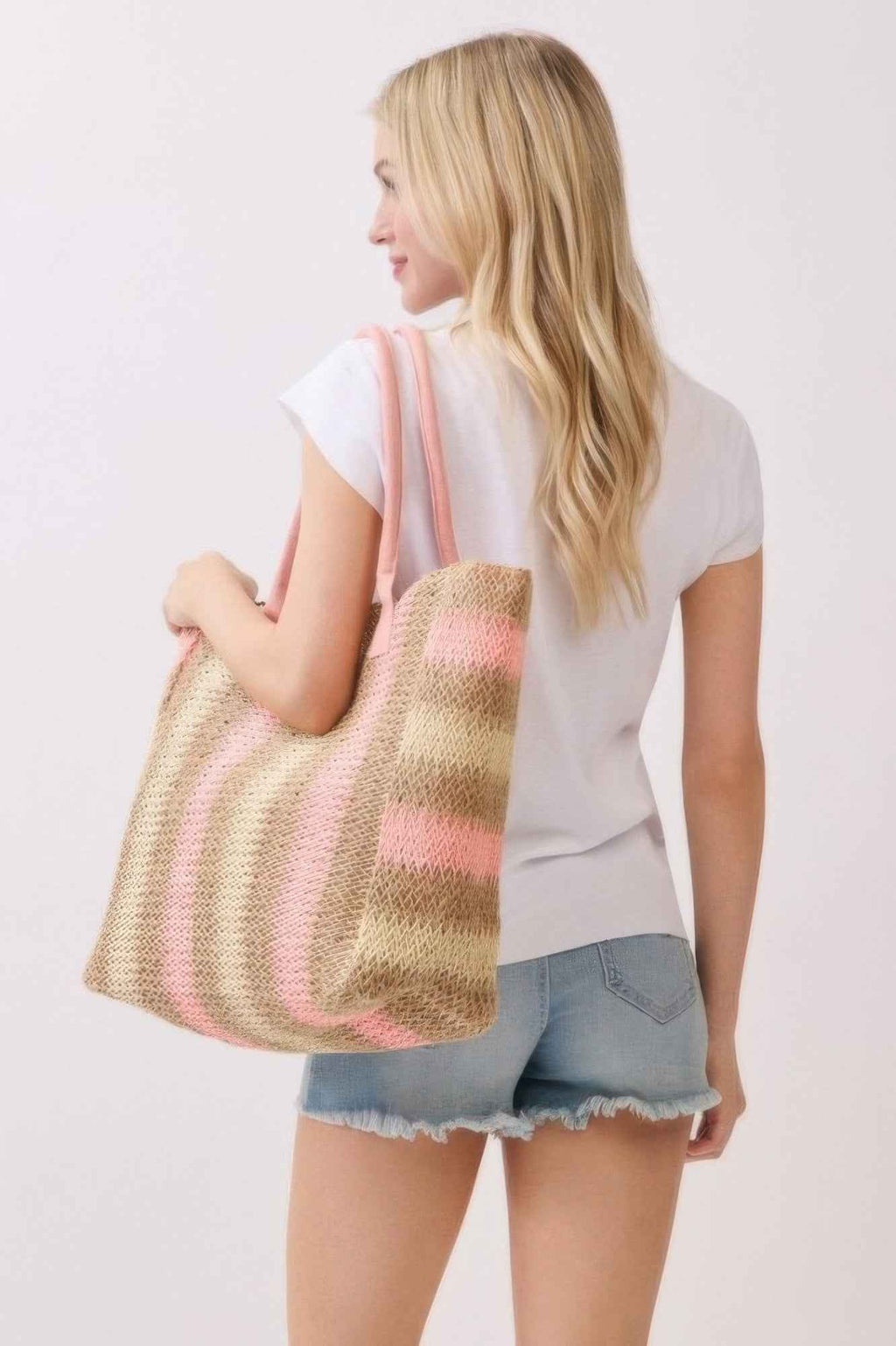 Natural Brown Multi Color Stripe Straw Tote Bag