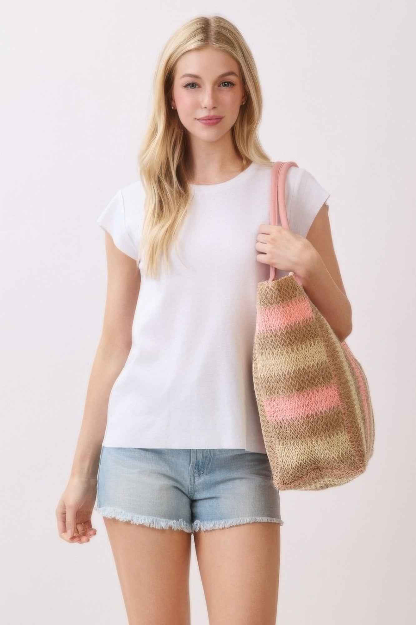 Natural Brown Multi Color Stripe Straw Tote Bag