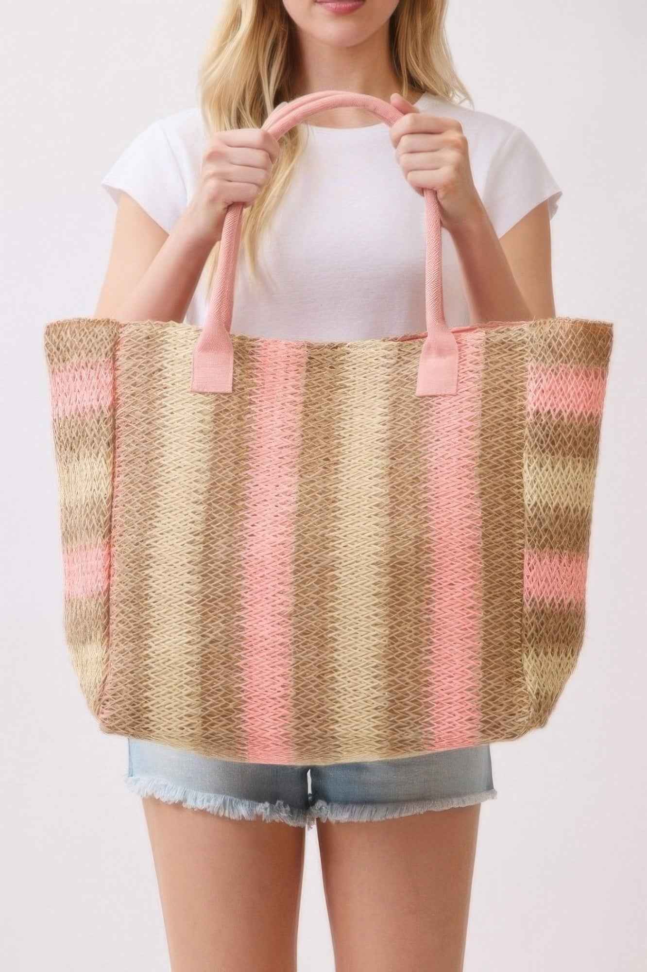 Natural Brown Multi Color Stripe Straw Tote Bag