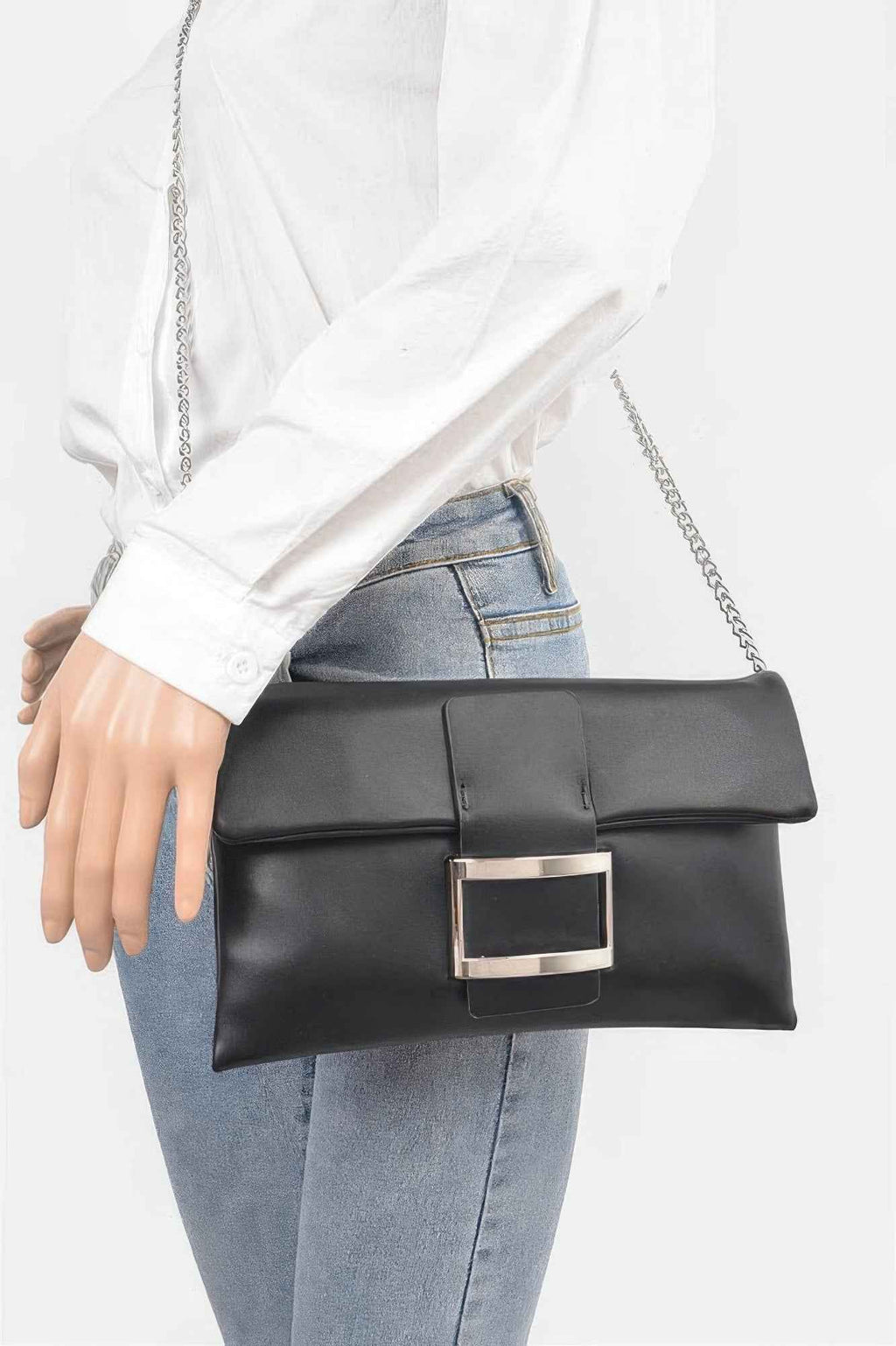 Metallic Faux Leather Metal Buckle Clutch