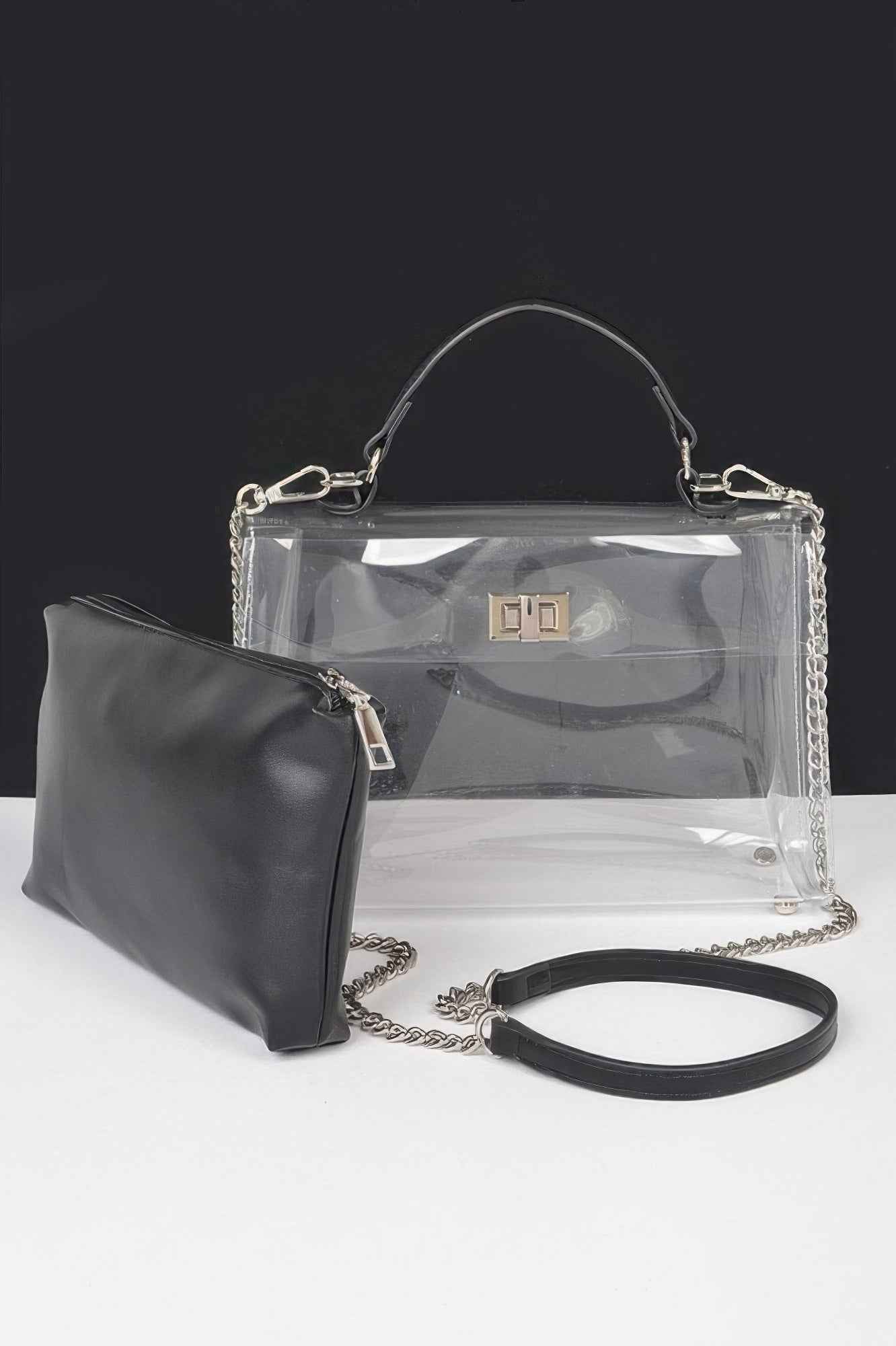 Transparent Top Handle Flap Bag W/ Pouch