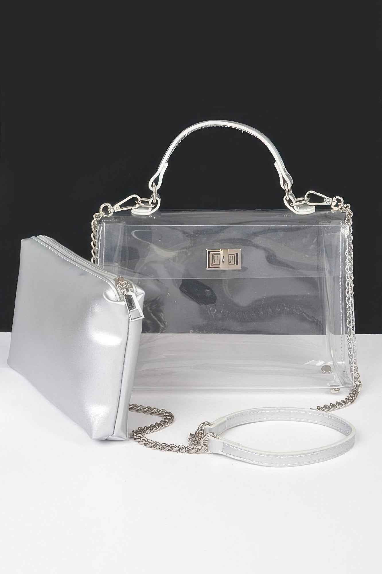 Transparent Top Handle Flap Bag W/ Pouch