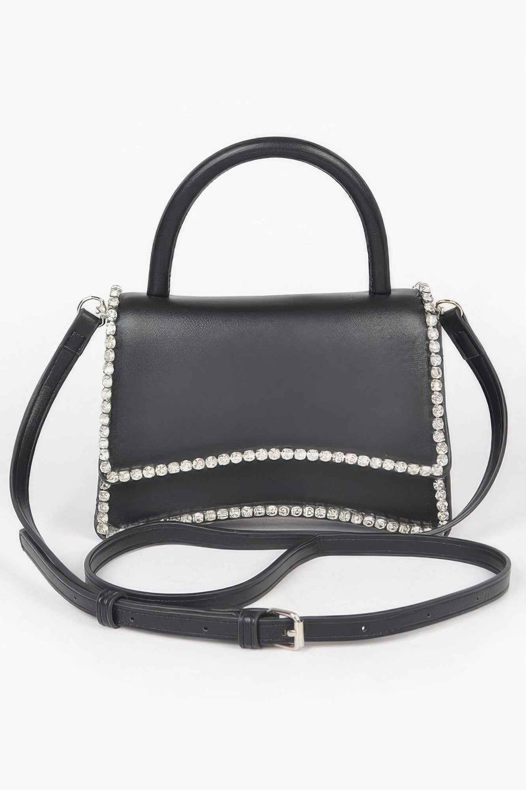 Faux Leather Top Handle Flap Bag W/rhinestone