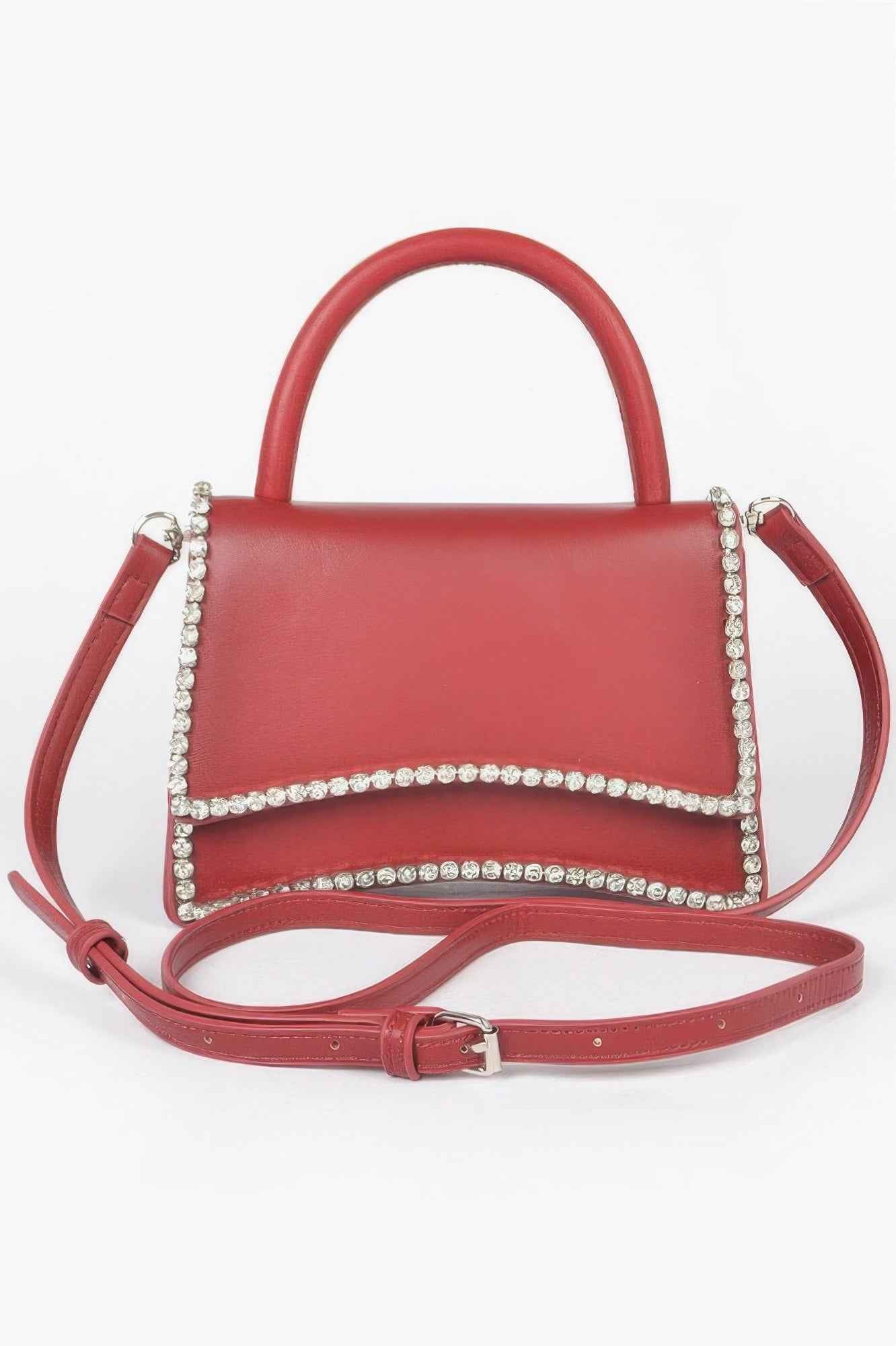 Faux Leather Top Handle Flap Bag W/rhinestone