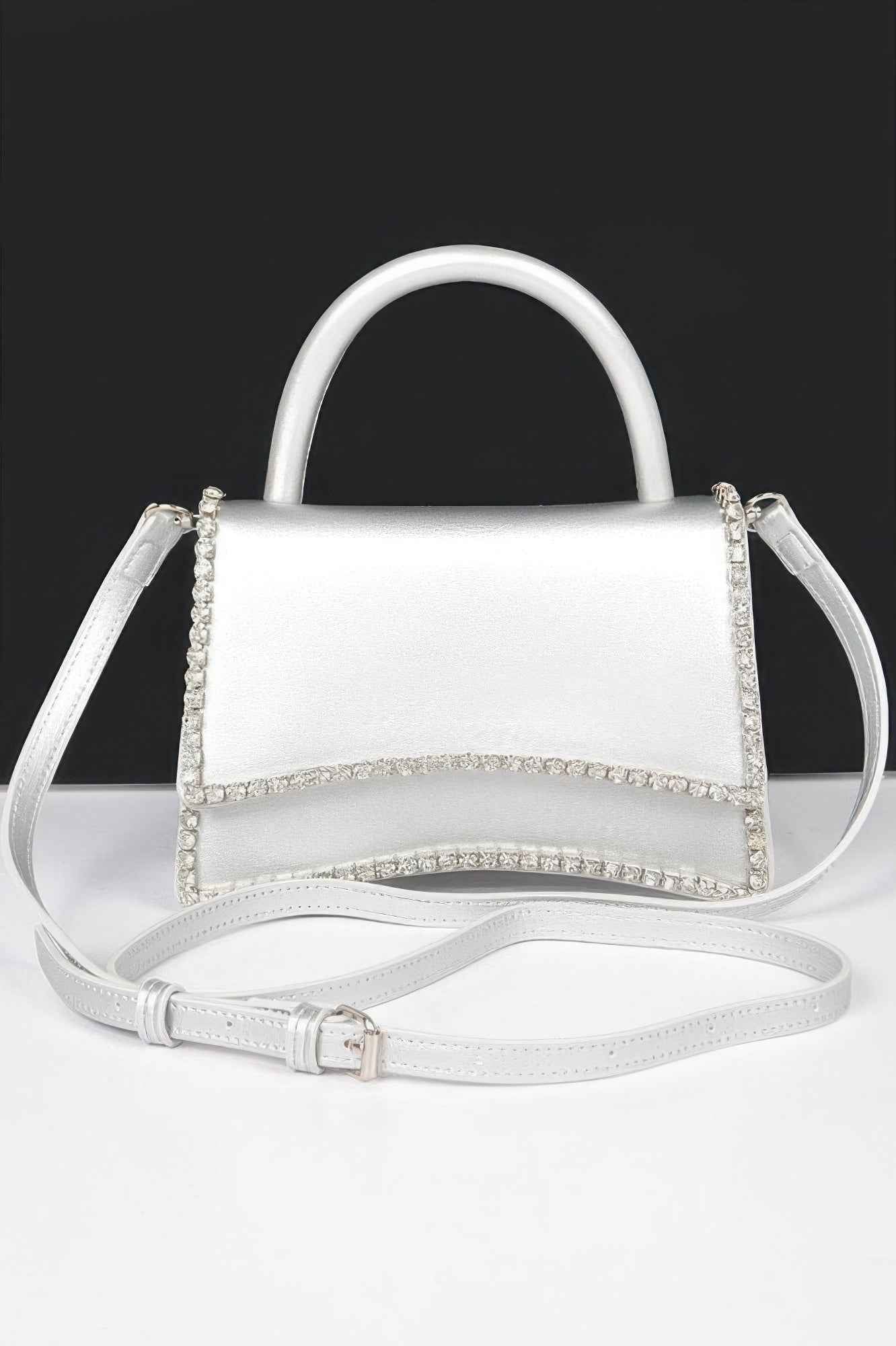 Faux Leather Top Handle Flap Bag W/rhinestone