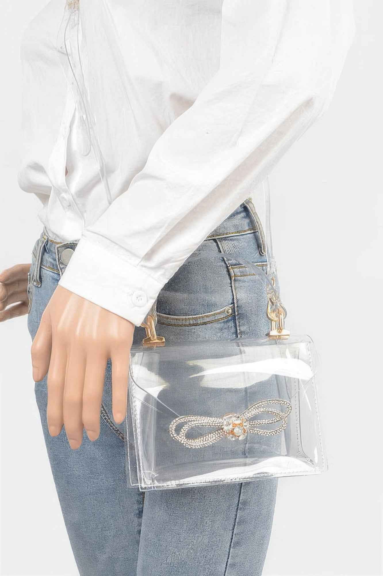 Transparent Rhinestone Bow Top Handle Bag