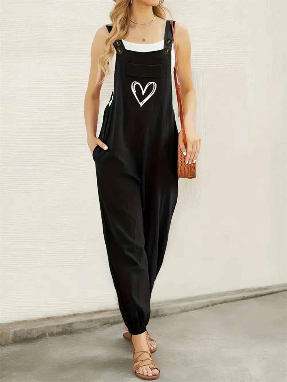 Heart Square Neck Wide Strap Overalls.