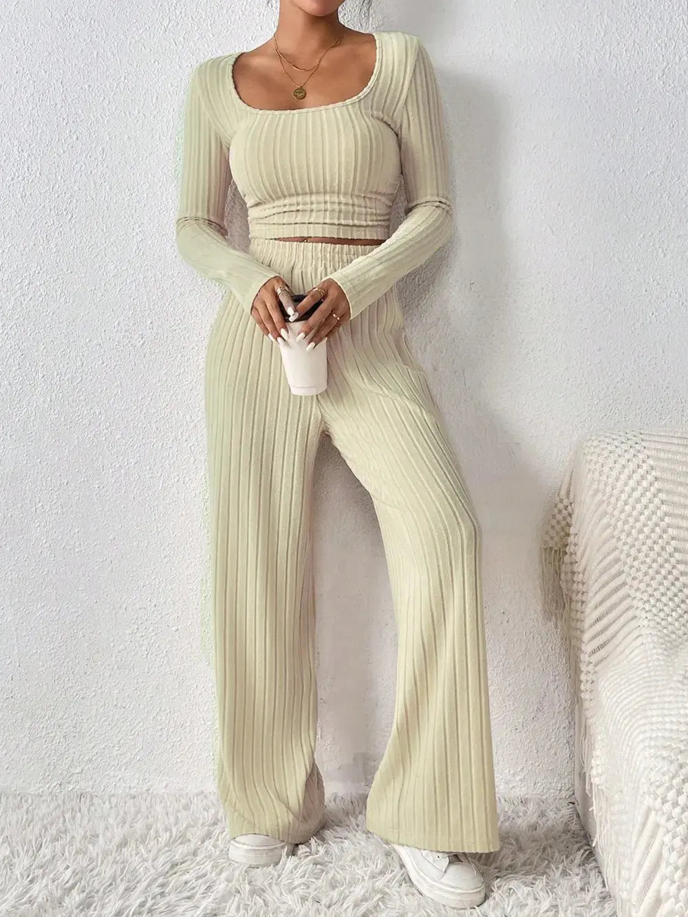Honey Scoop Neck Long Sleeve Top and Pants Set.