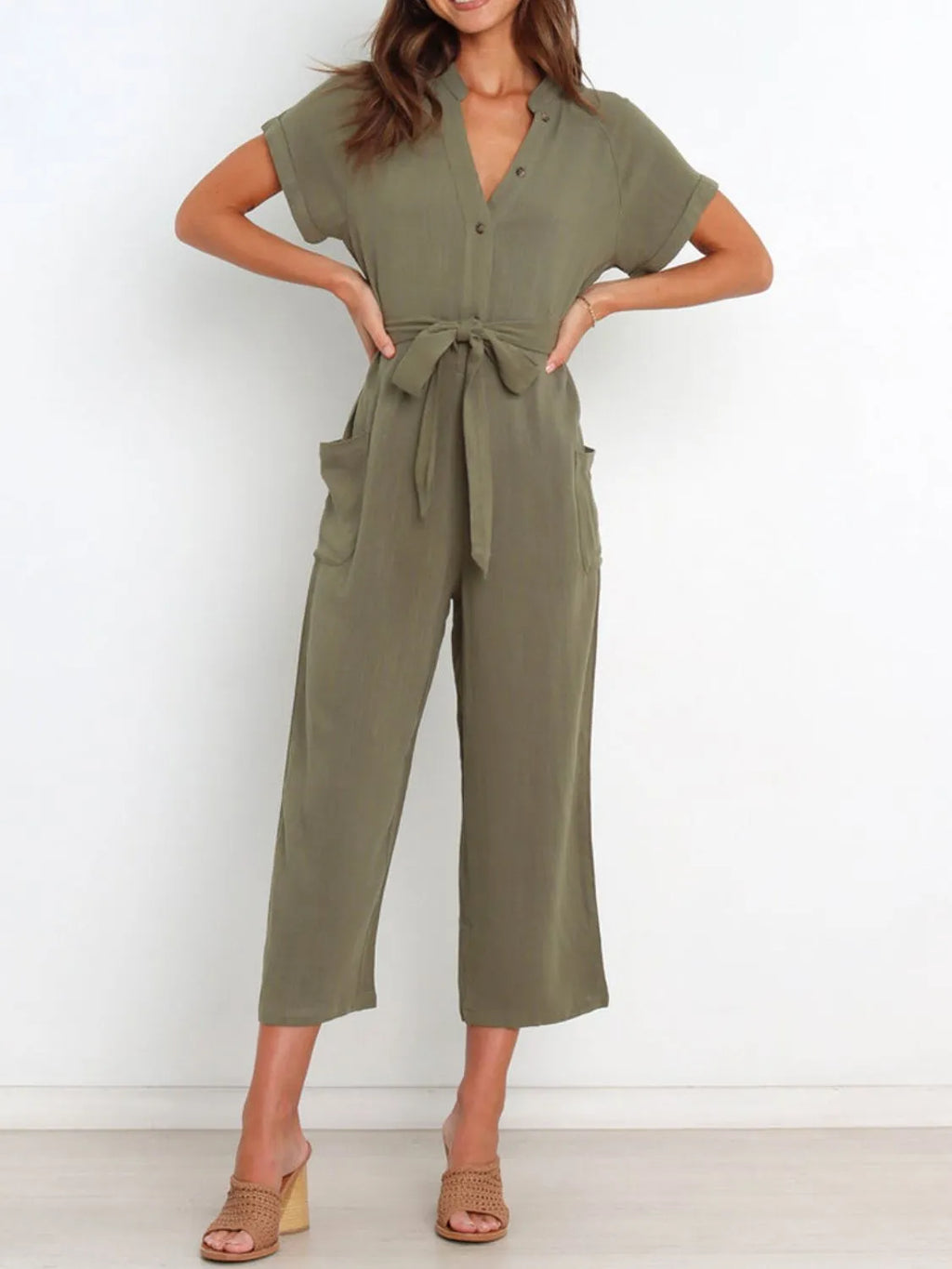Notched Short Sleeve Tie Waist Jumpsuit.