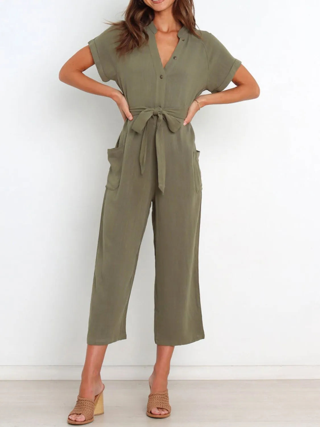 Notched Short Sleeve Tie Waist Jumpsuit.