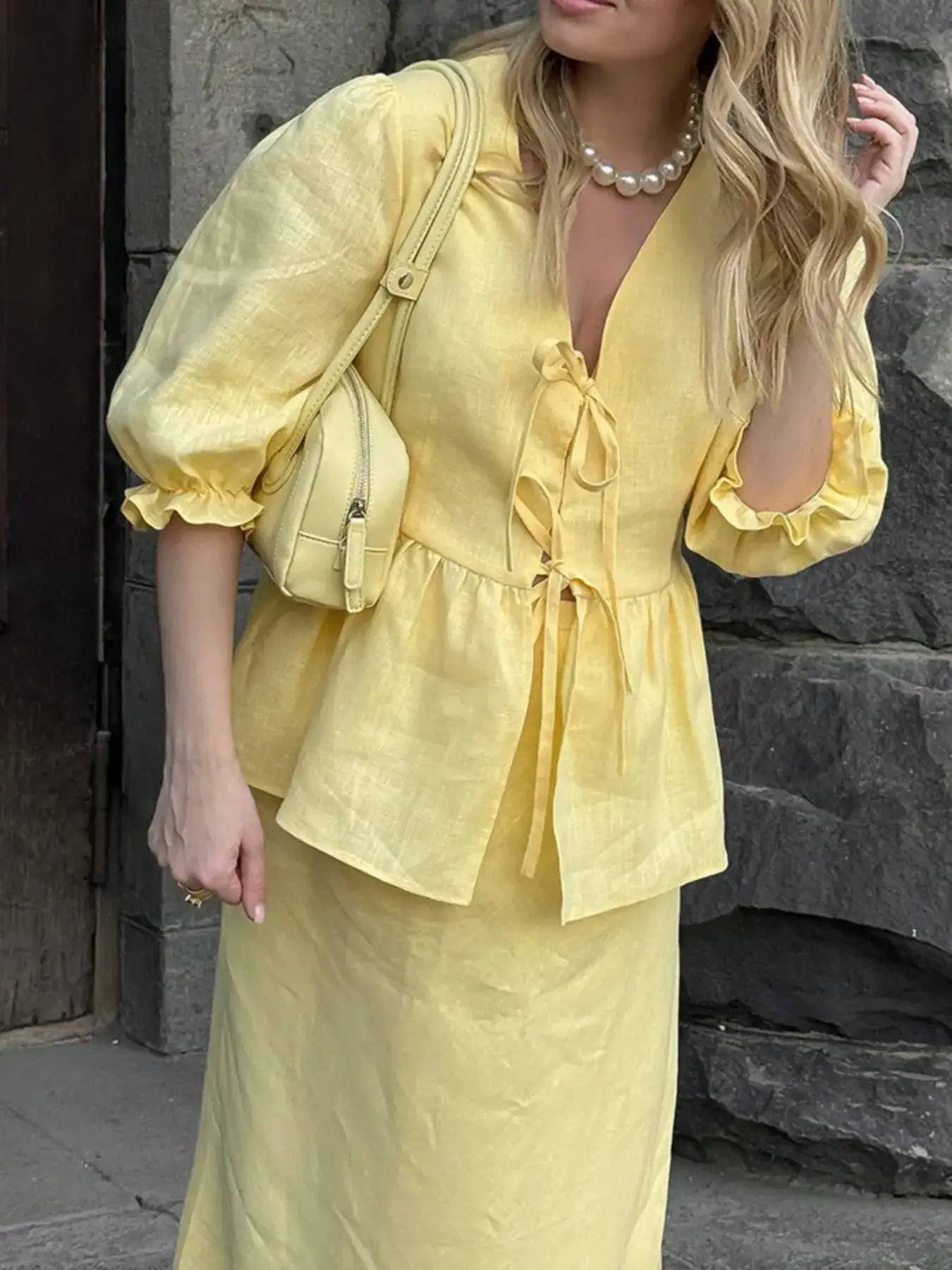 Tie Front Peplum Top and Skirt Set.