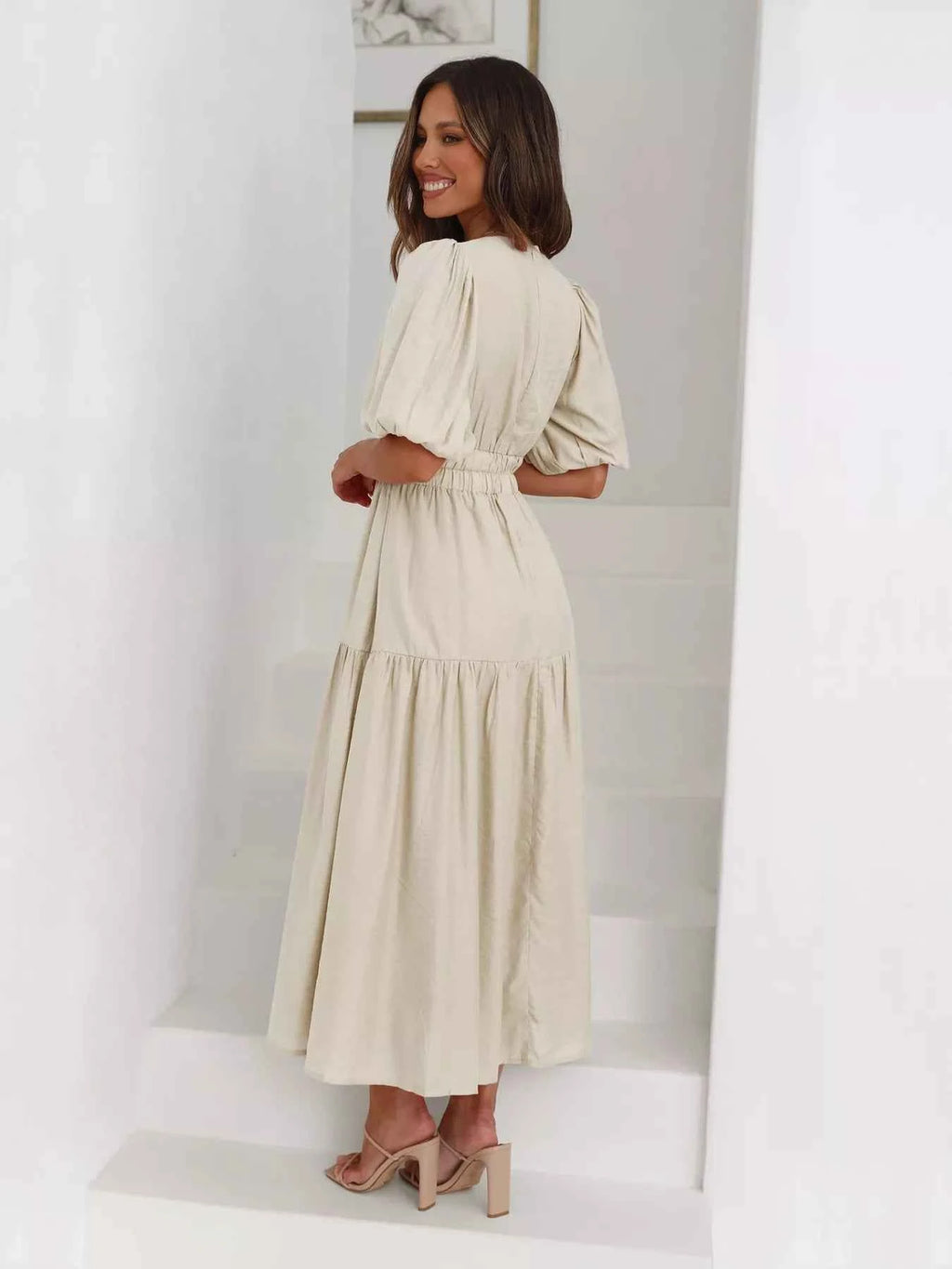 Tiered Puff Sleeve Midi Dress