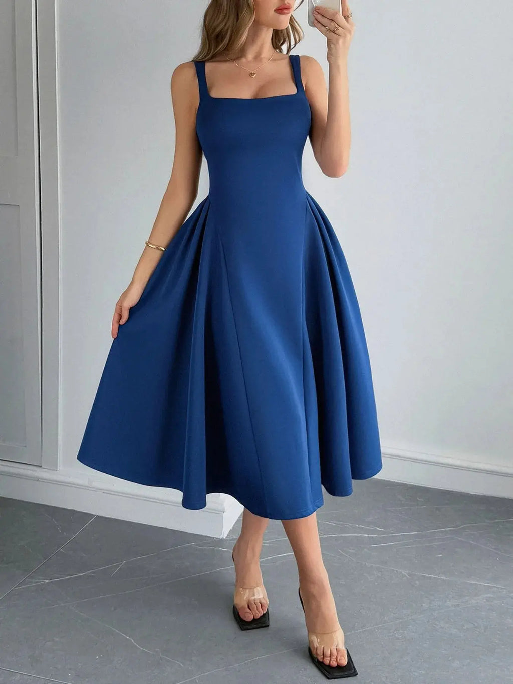 Square Neck Wide Strap Midi Dress.