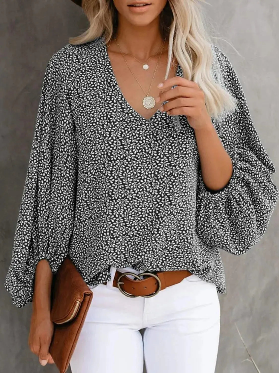 Printed V-Neck Long Sleeve Blouse.