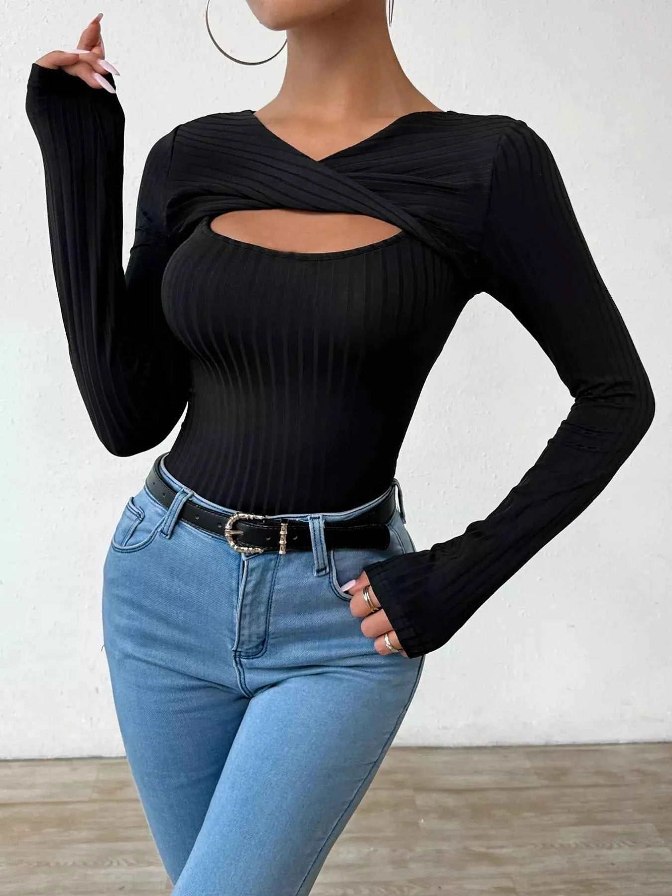 Twist Front Cutout Ribbed Long Sleeve T-Shirt