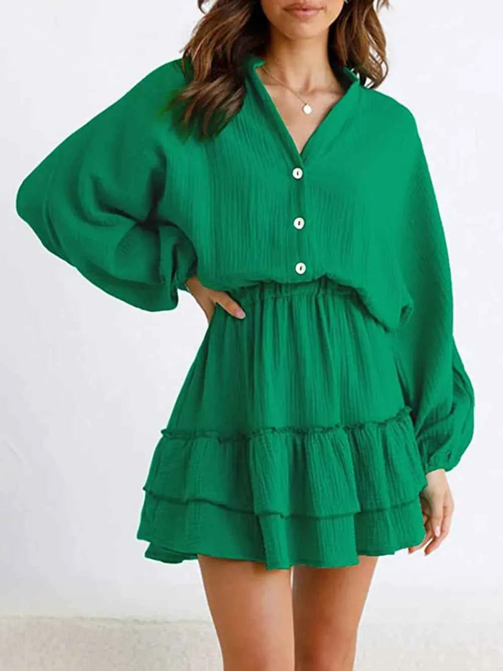 Ruffled Notched Balloon Sleeve Mini Dress.