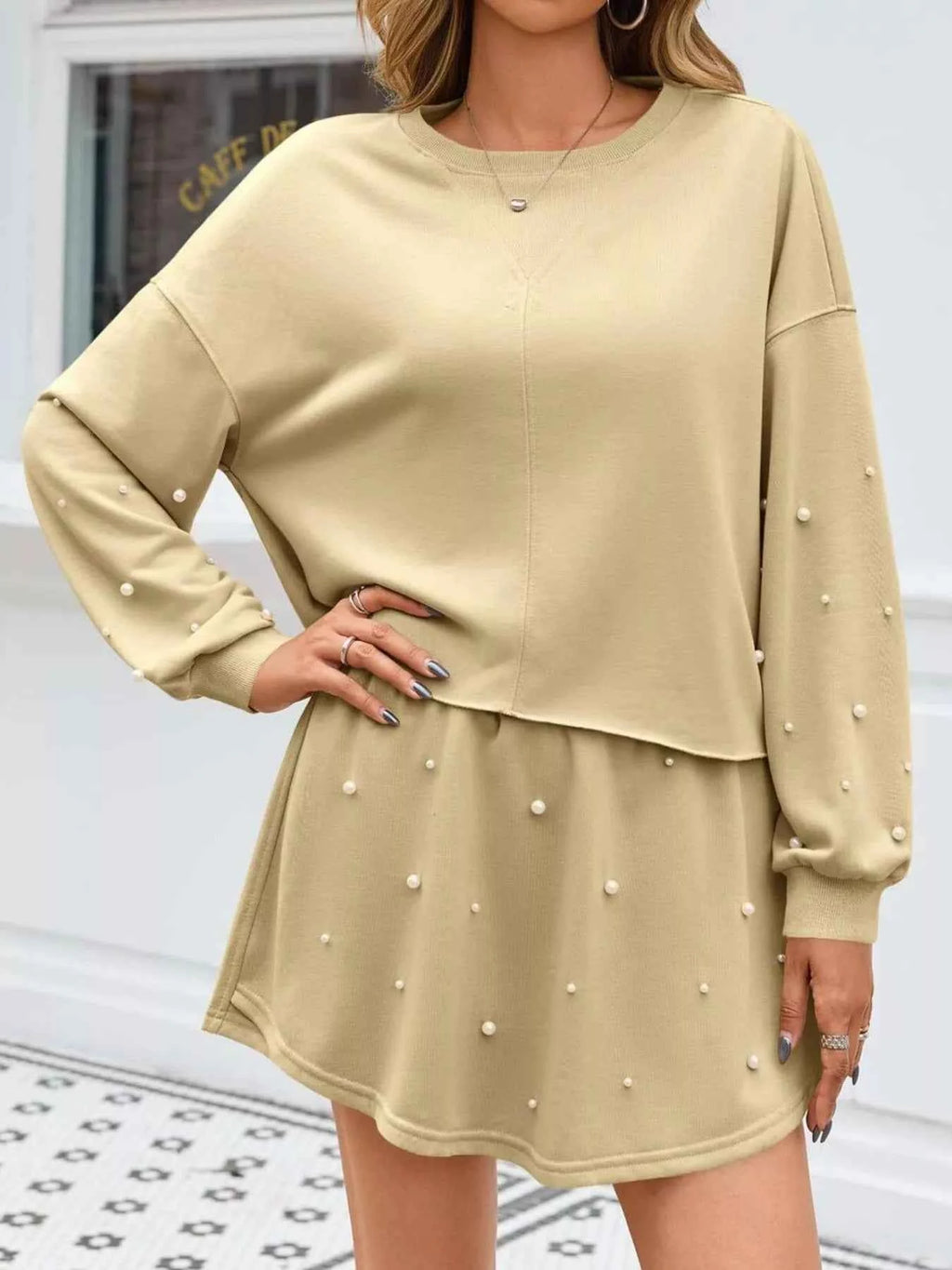 Pearl Embellished Round Neck Top and Skort Set