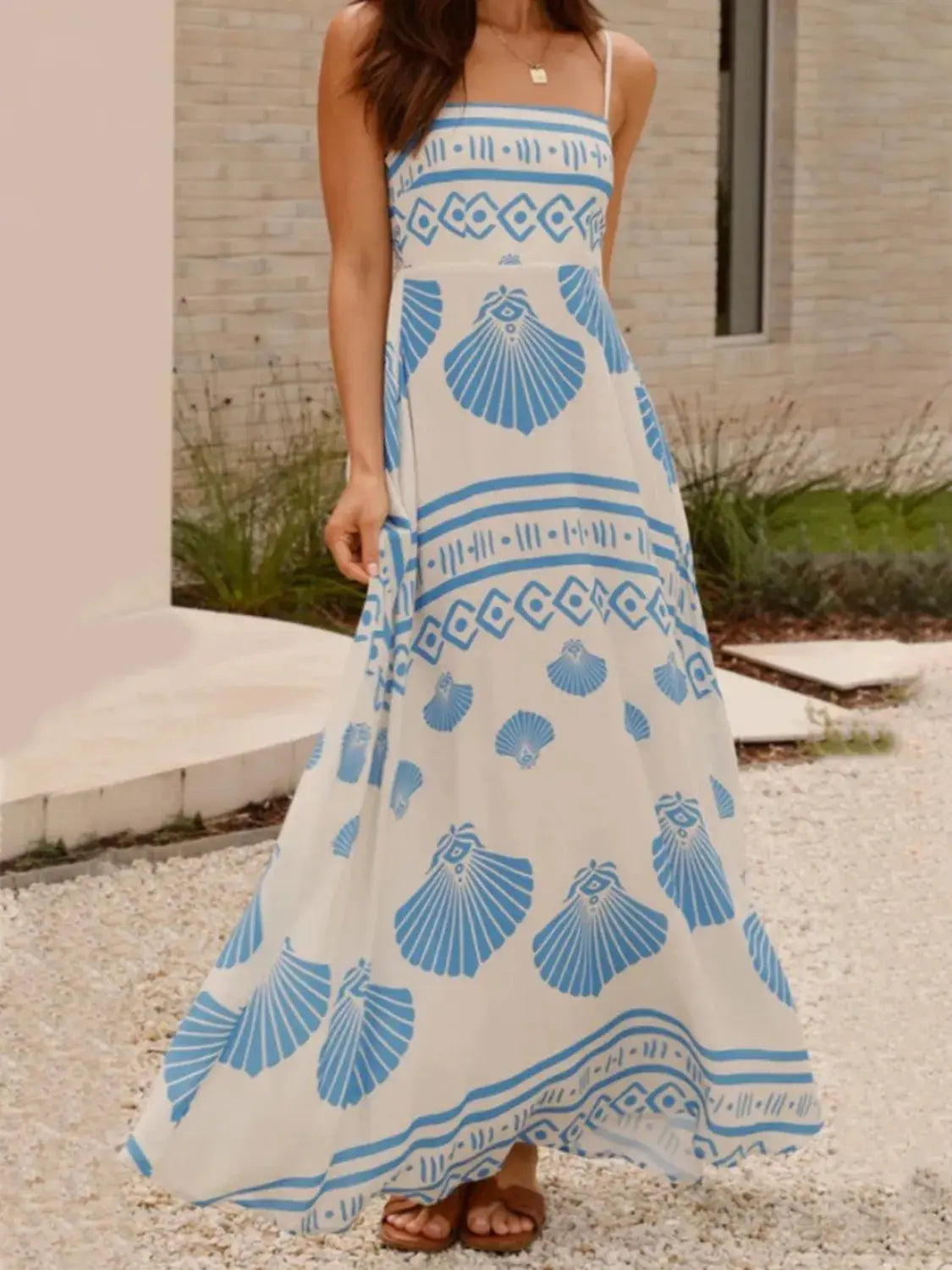 Seashell Print Spaghetti Strap Maxi Dress.