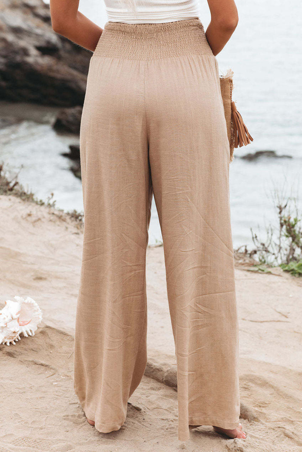 Khaki Smocked Wide Waistband High Waist Wide Leg Pants Dear-Lover Dropshipping
