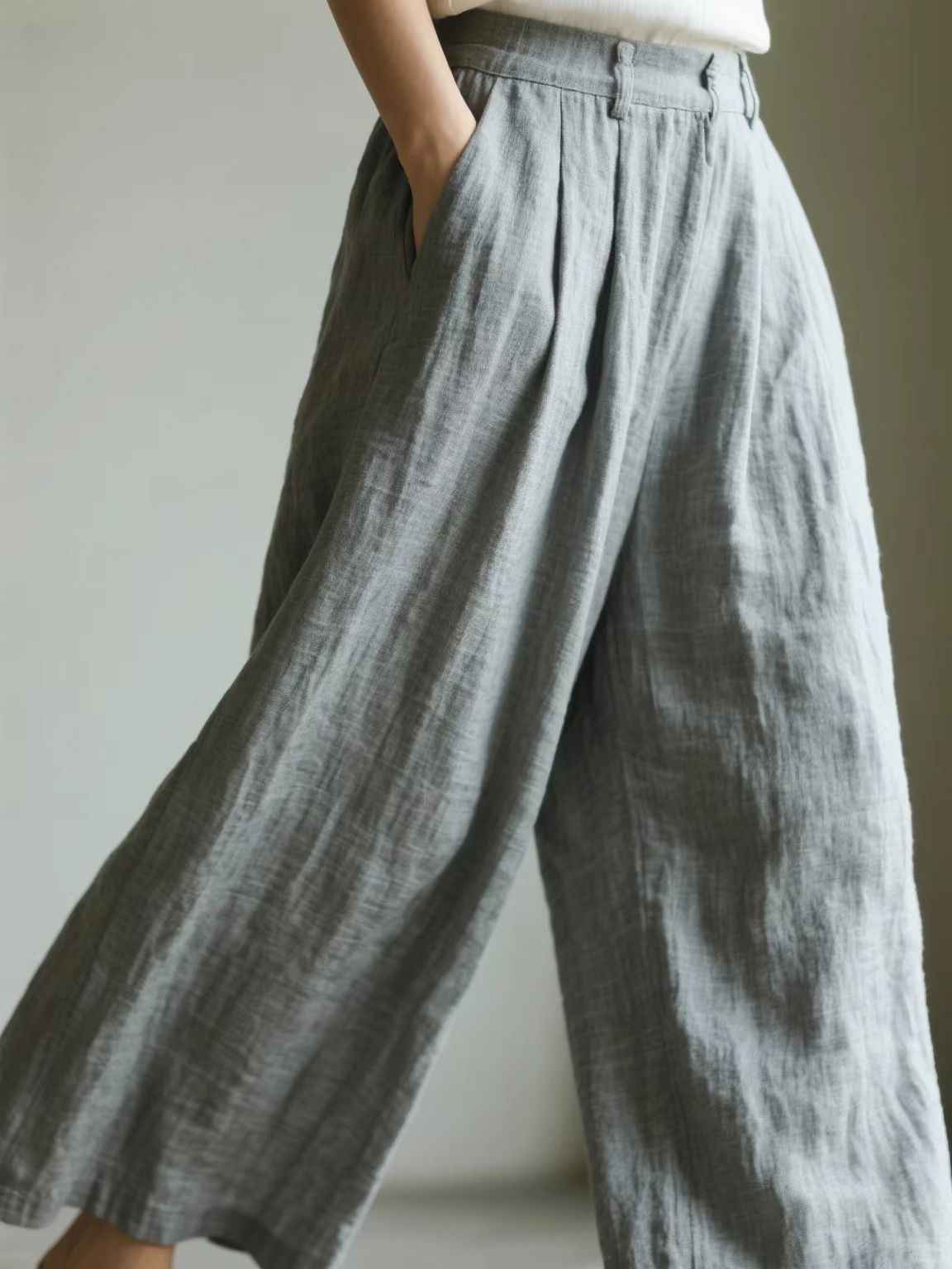 Lightweight Linen-cotton Textured Gray Wide-leg Autumn Pants