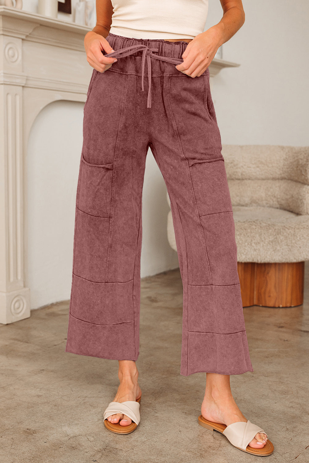 Wild Ginger Mineral Wash Lace-up High Waist Raw Hem Patched Pocket Pants Dear-Lover Dropshipping