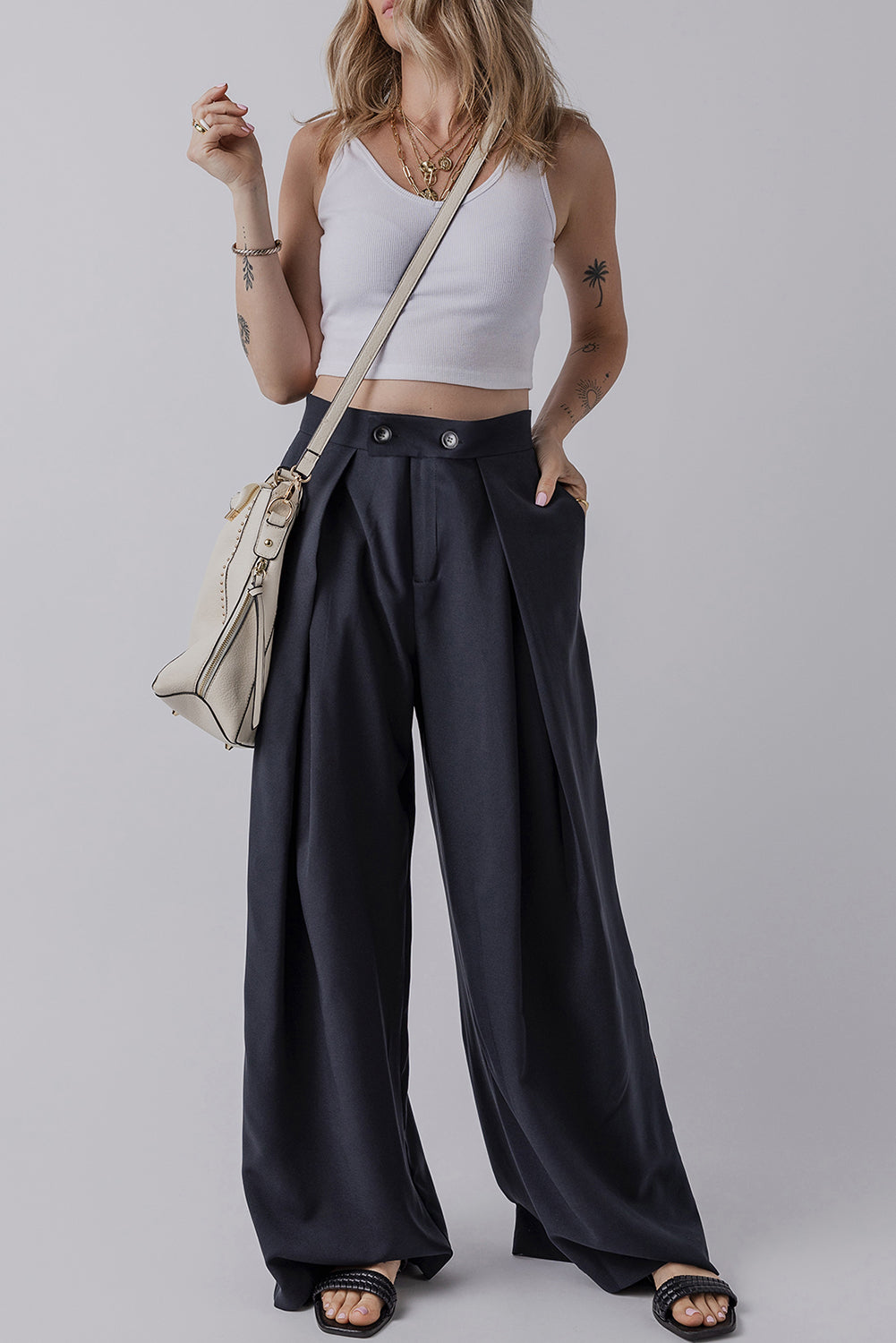Dirty blue Dual Buttoned High Waist Pleated Wide Leg Pants Dear-Lover Dropshipping