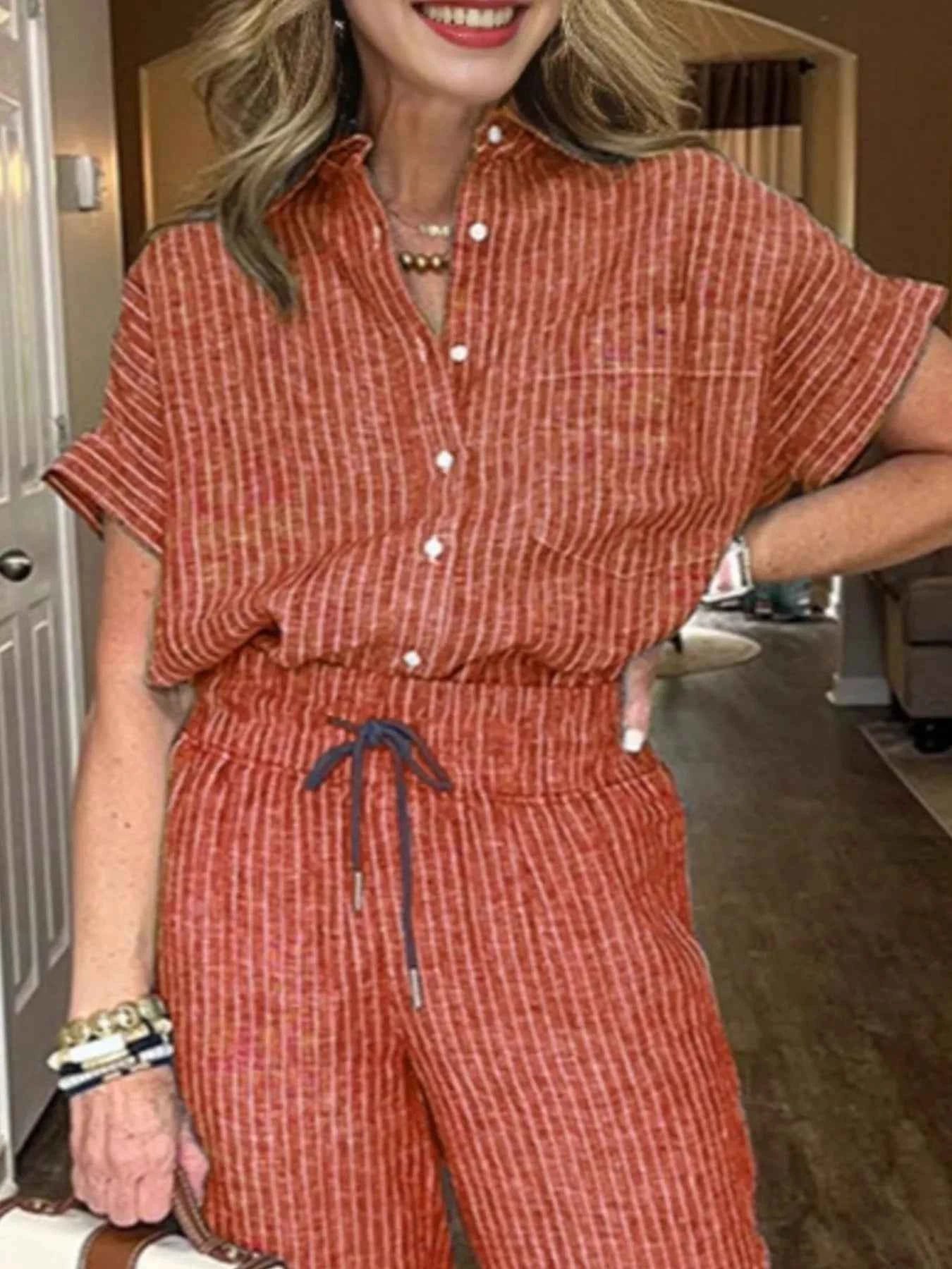 Full Size Striped Button-Up Shirt and Wide Leg Pants Casual Set Plus Size.