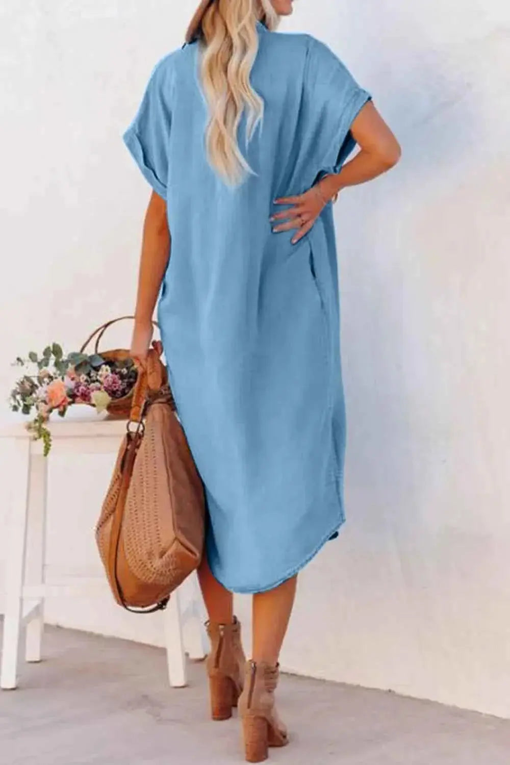Slit Button Up Short Sleeve Imitation Denim Dress.