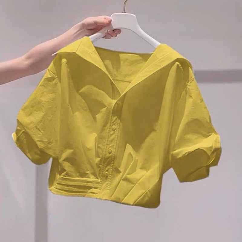 Women's Solid Color Lapel Short-sleeve Shirt