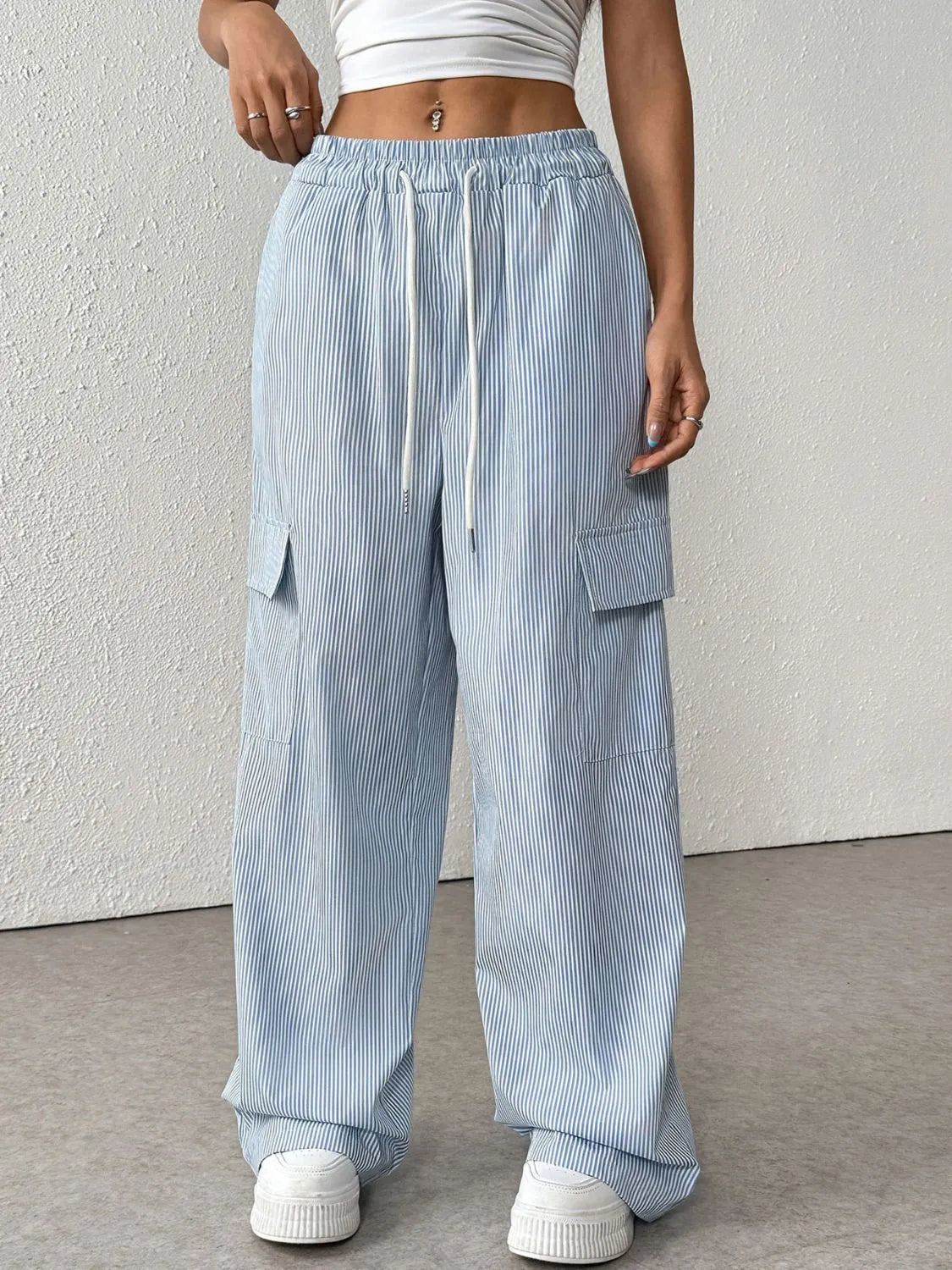 Drawstring Striped Wide Leg Cargo Pants.