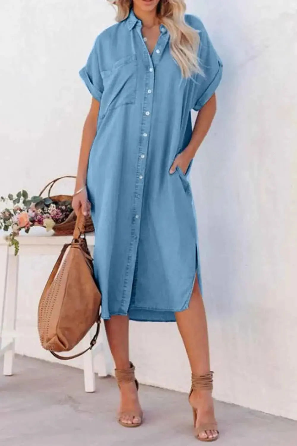 Slit Button Up Short Sleeve Imitation Denim Dress.