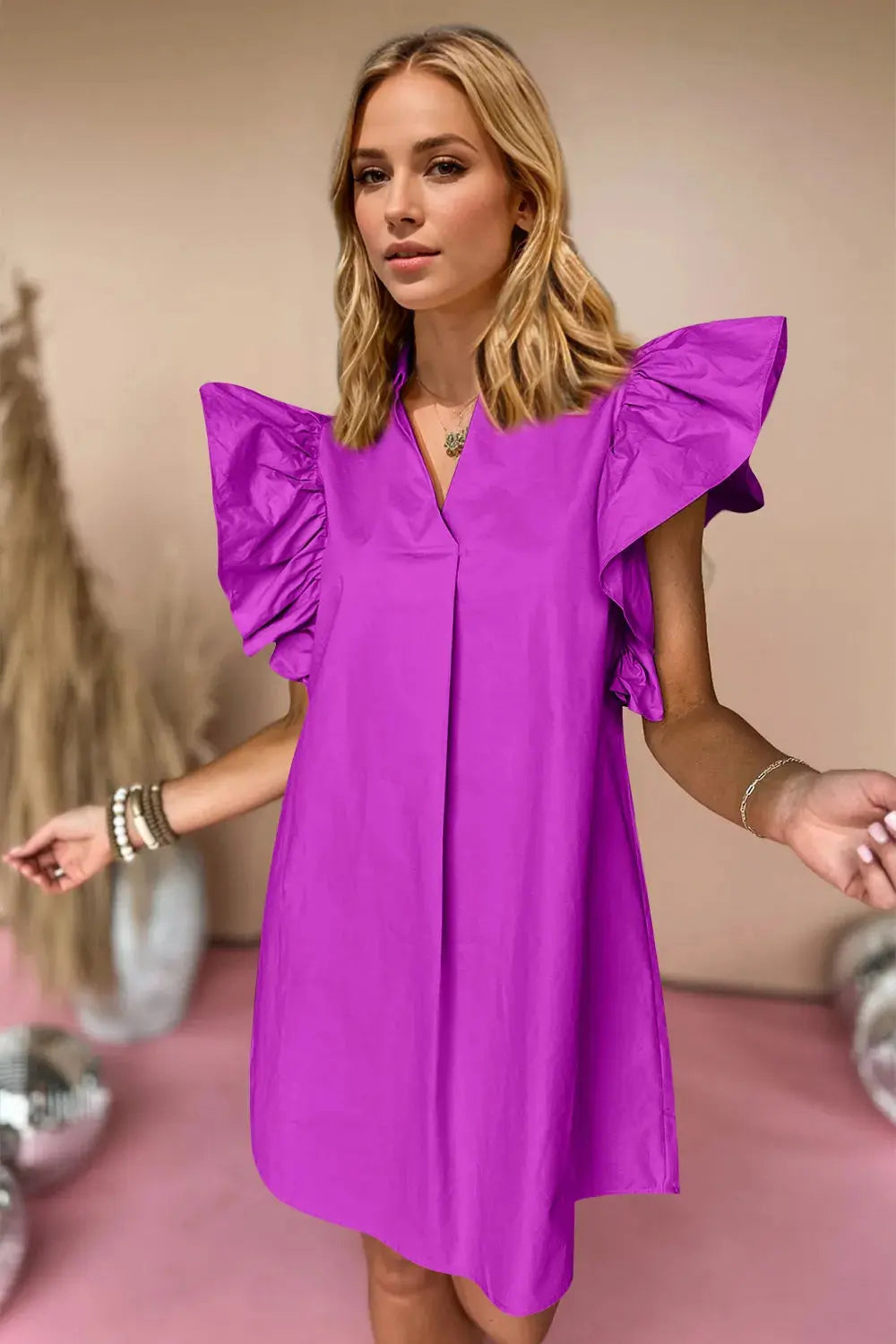Ruffle Sleeve women Mini Dress.