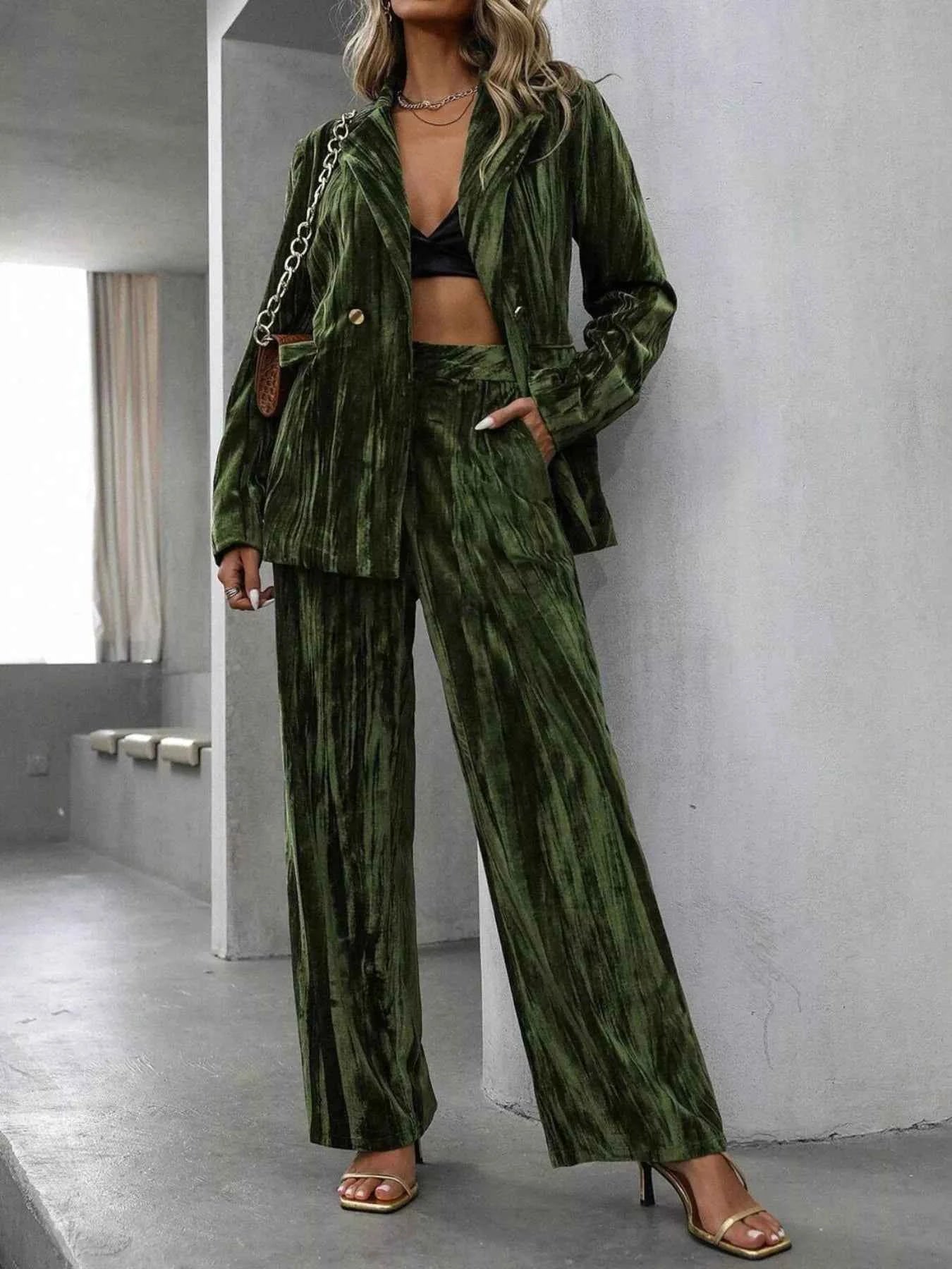 Lapel Collar Long Sleeve Blazer and Pants Set