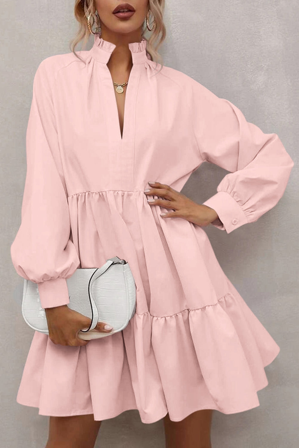 Pink Frilled Stand Collar Long Sleeve Ruffle Dress Dear-Lover Dropshipping