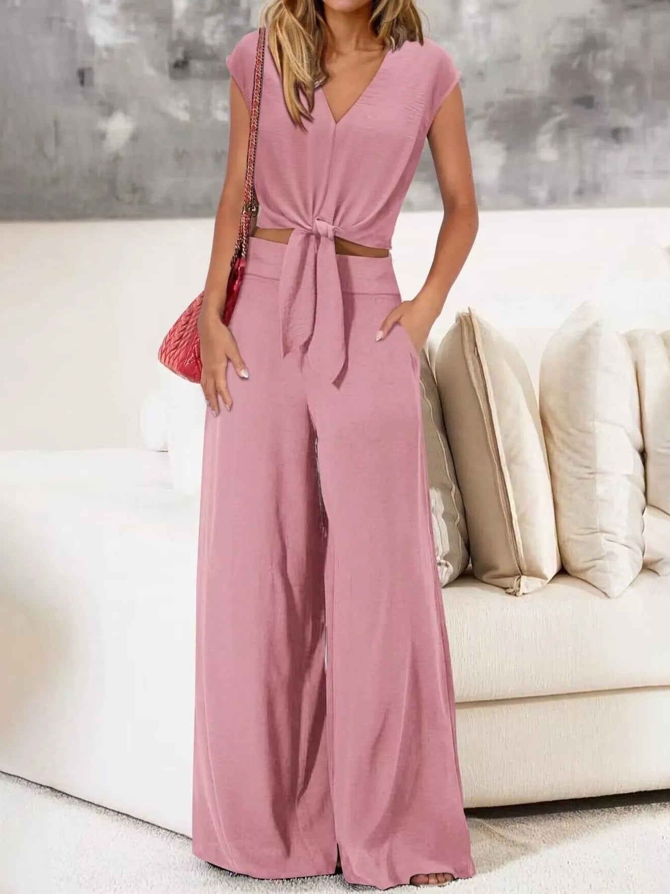 Tie Front Top and Wide Leg Pants Set.