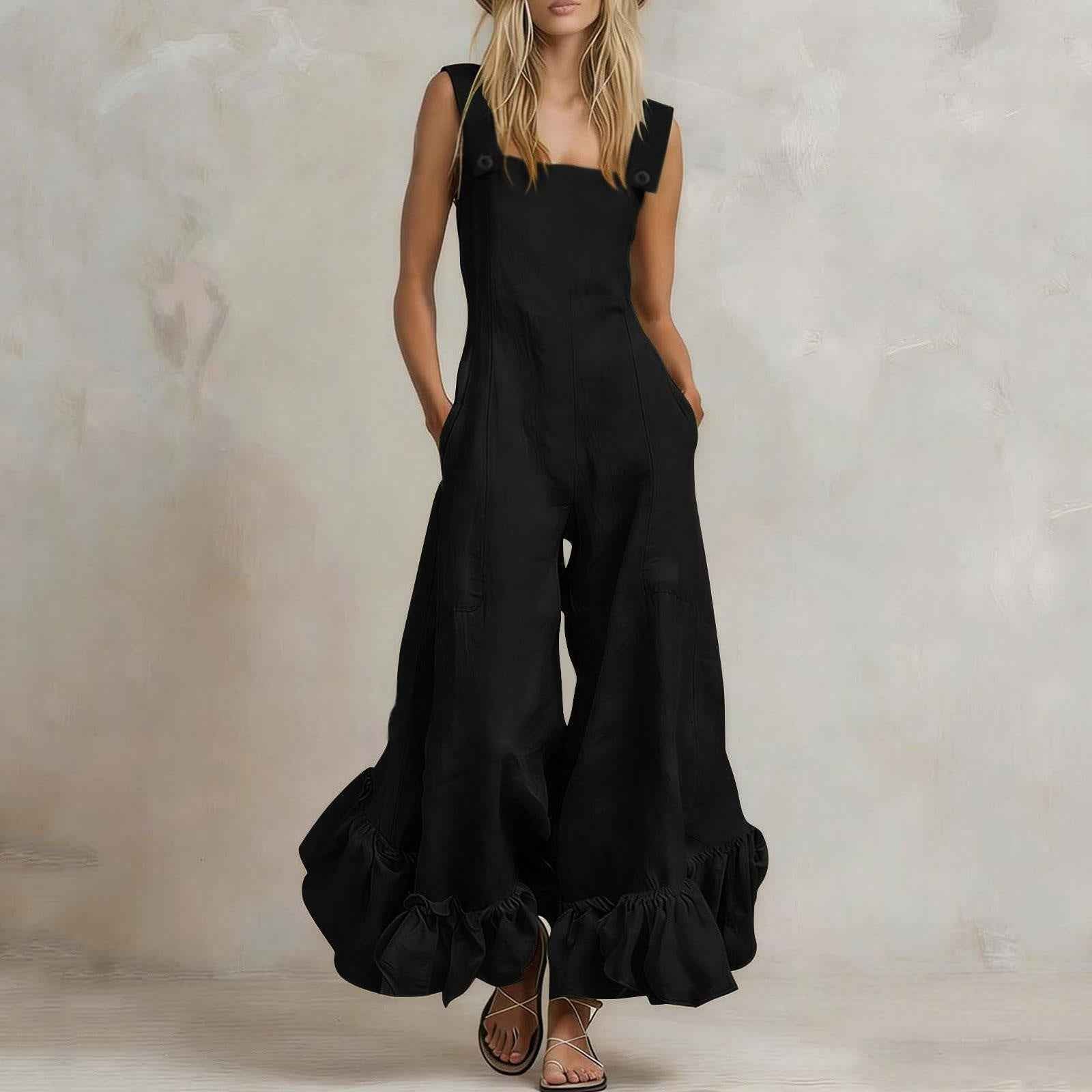 Wide-leg Flounce-trimmed Strap Jumpsuit For Women
