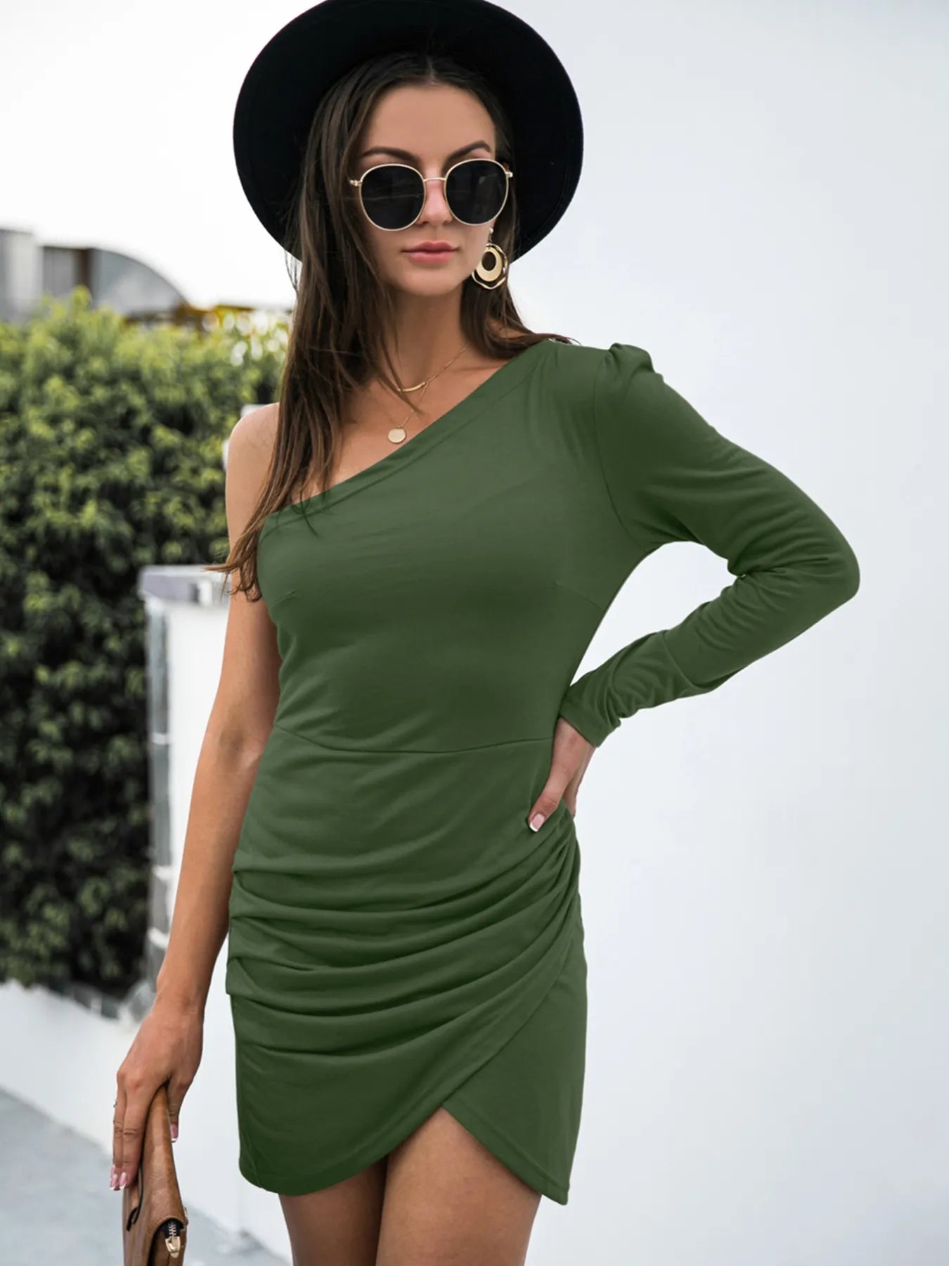 One Shoulder Ruched Bodycon Dress.