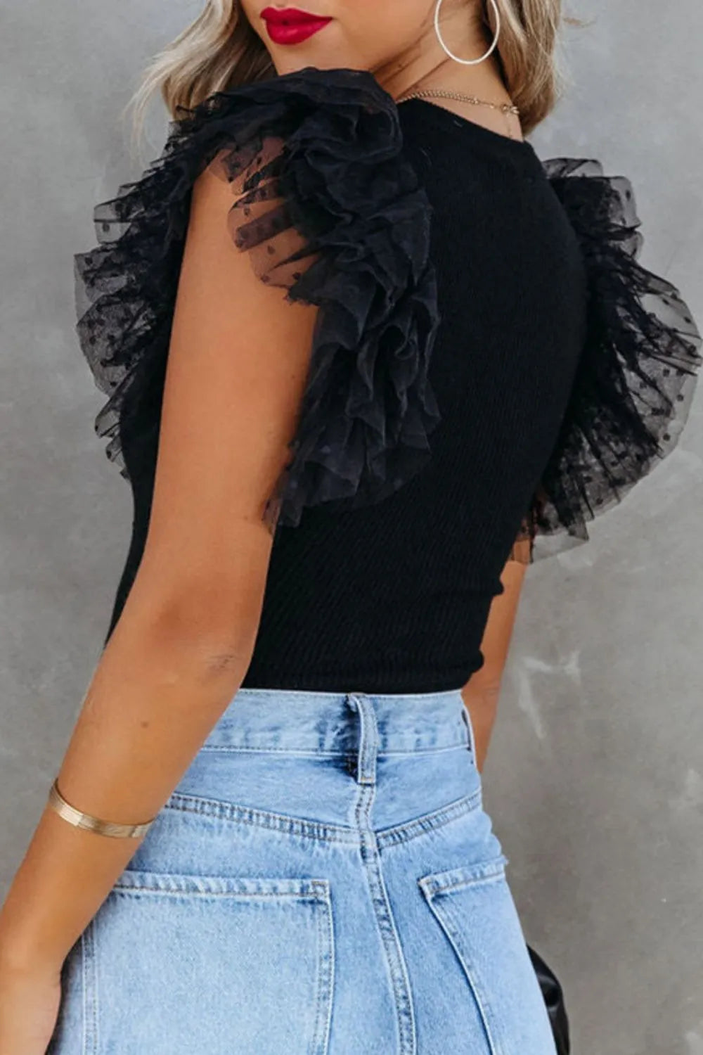 Ruffled Round Neck Cap Sleeve Blouse.
