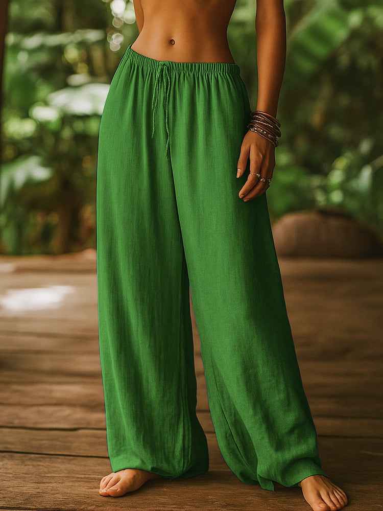 Women's Cotton And Linen Loose Pure Color Elastic Waist Pocket Straight Casual Pants