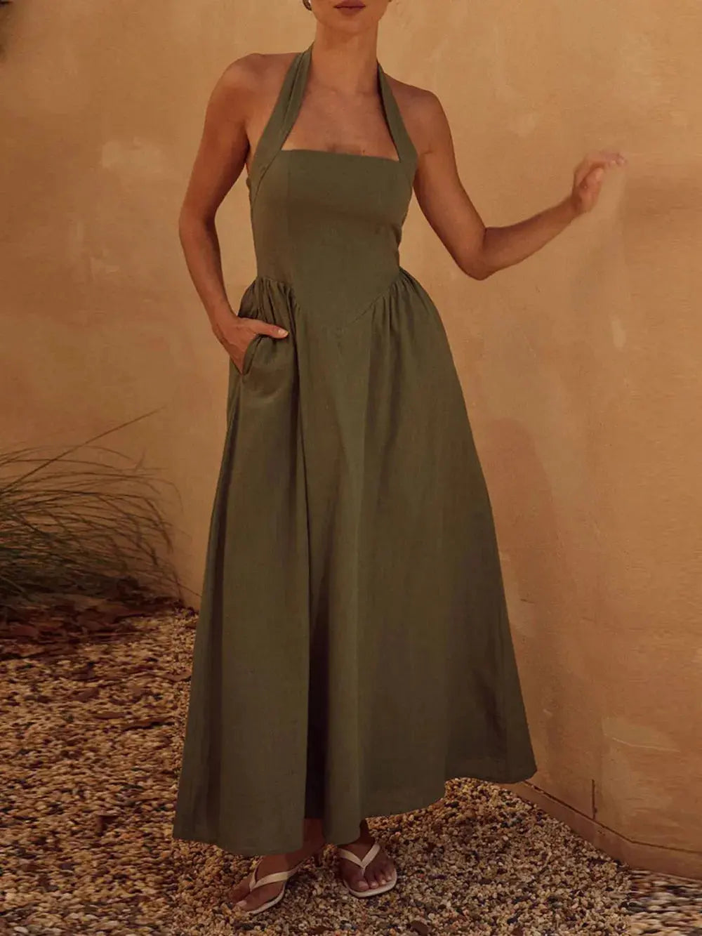 Halter Neck Maxi Dress with Pockets.