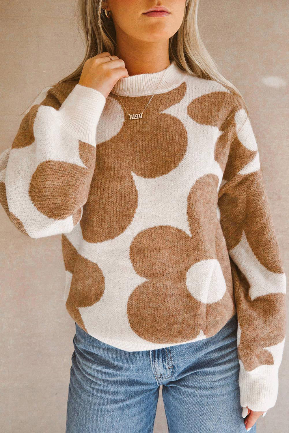 Khaki Big Flower Pattern Drop Shoulder Sweater Dear-Lover Dropshipping