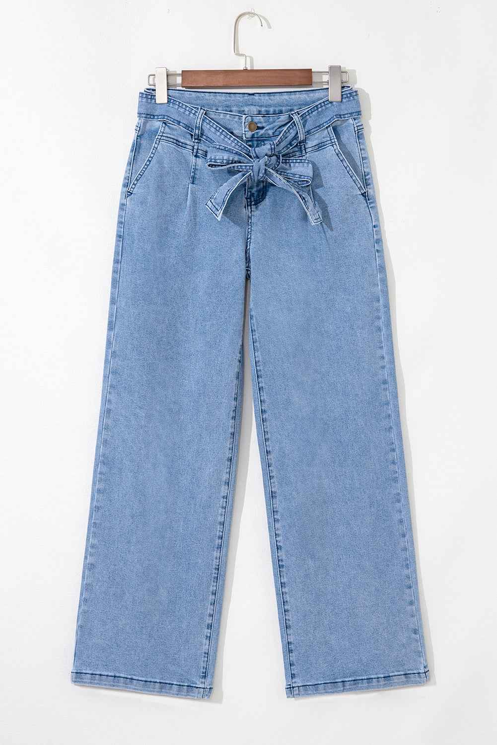 Beau Blue Western Washed Bow Knot Sash Wide Leg Jeans