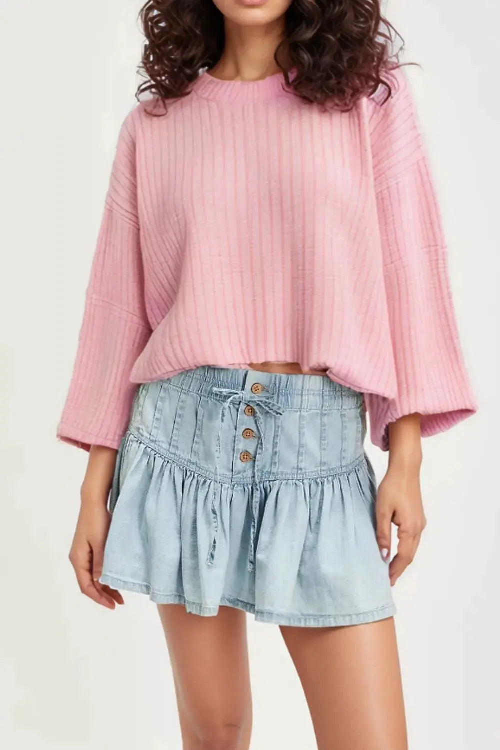 Buttoned Ruffled Mini Denim Skirt.