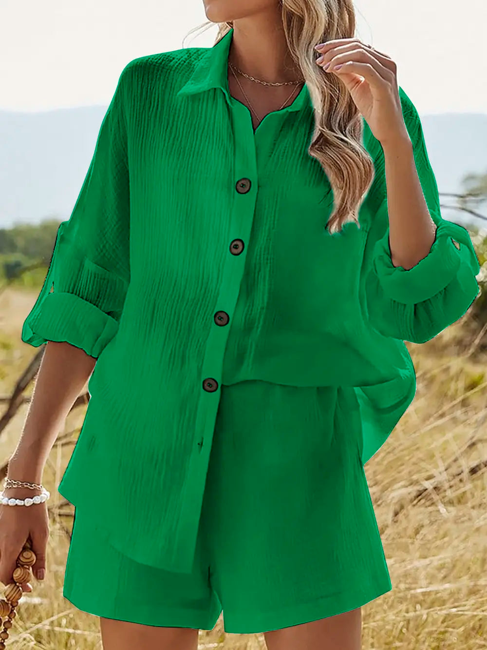 Texture Button Up Shirt and Shorts Set - CHIC TB