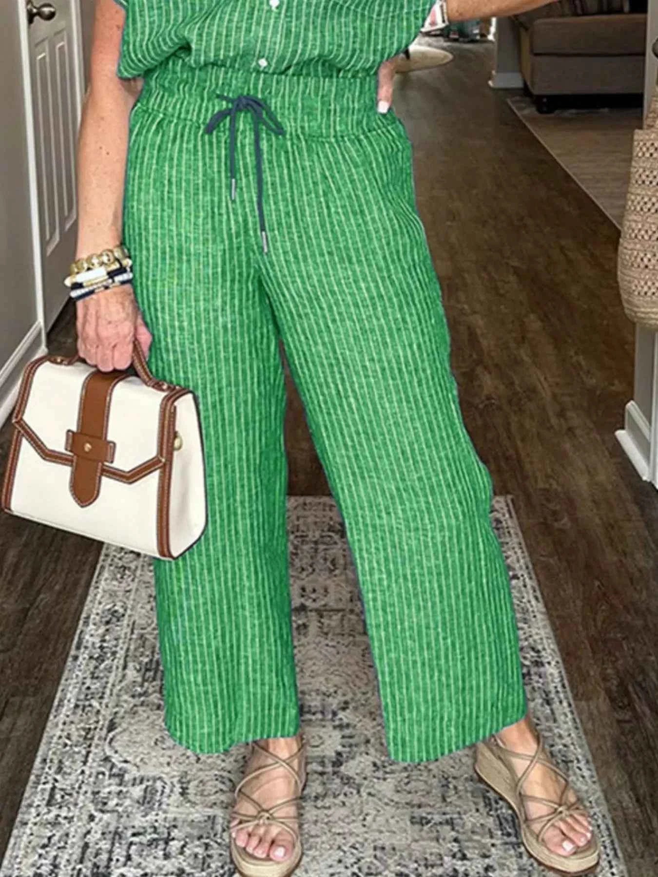 Full Size Striped Button-Up Shirt and Wide Leg Pants Casual Set Plus Size.