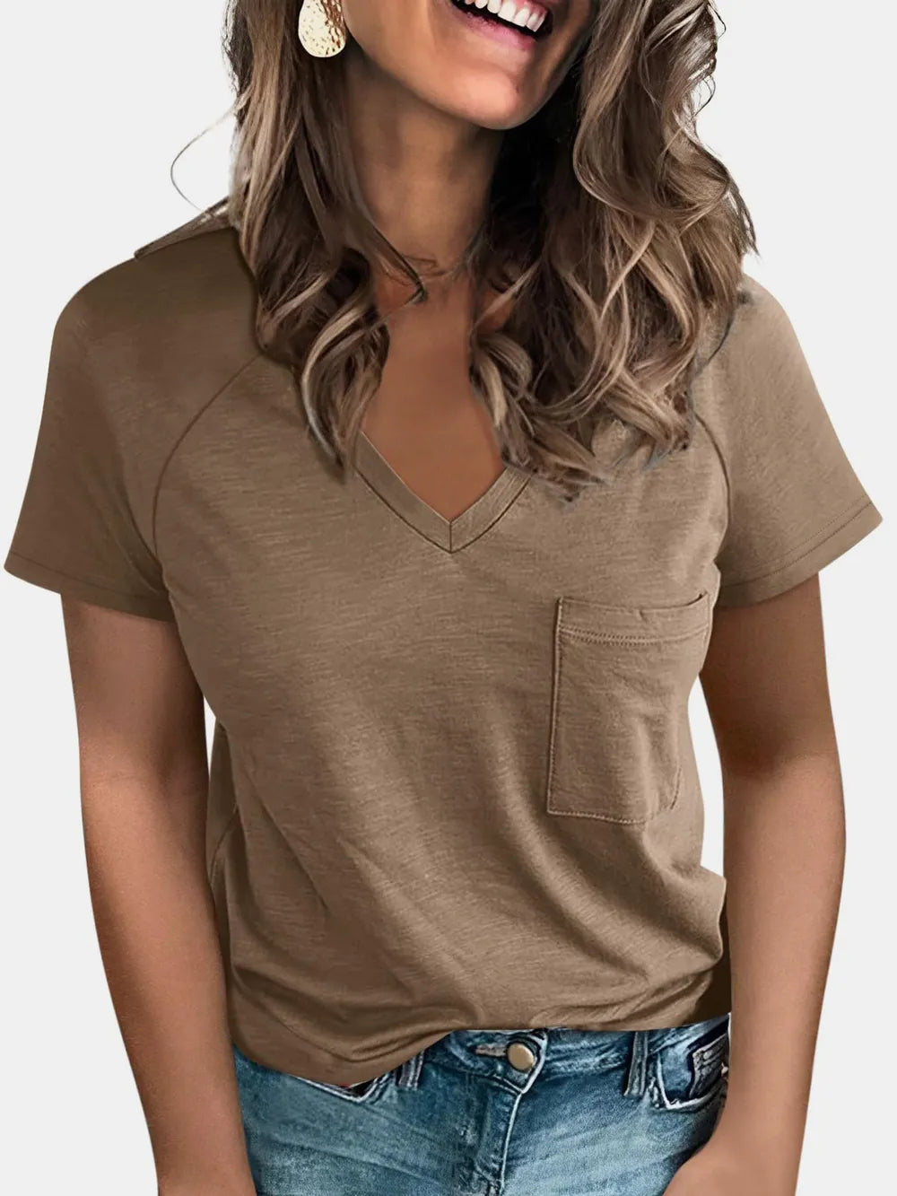 Pocketed V-Neck Short Sleeve T-Shirt.
