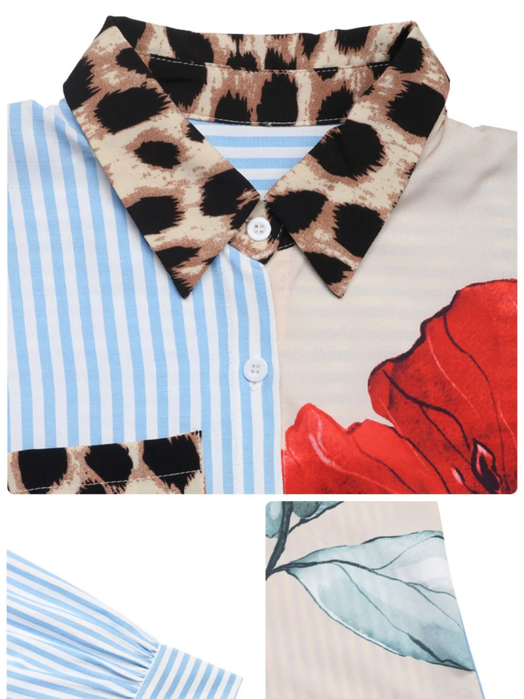 Leopard Floral Striped Casual Button-Up Shirt.