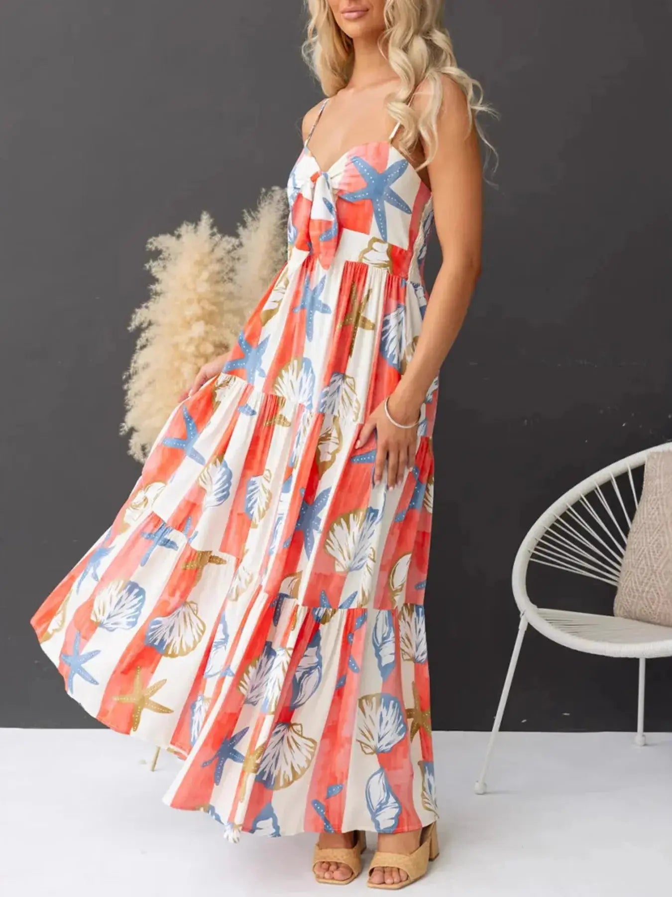 Printed Spaghetti Strap Maxi Dress with Pockets.